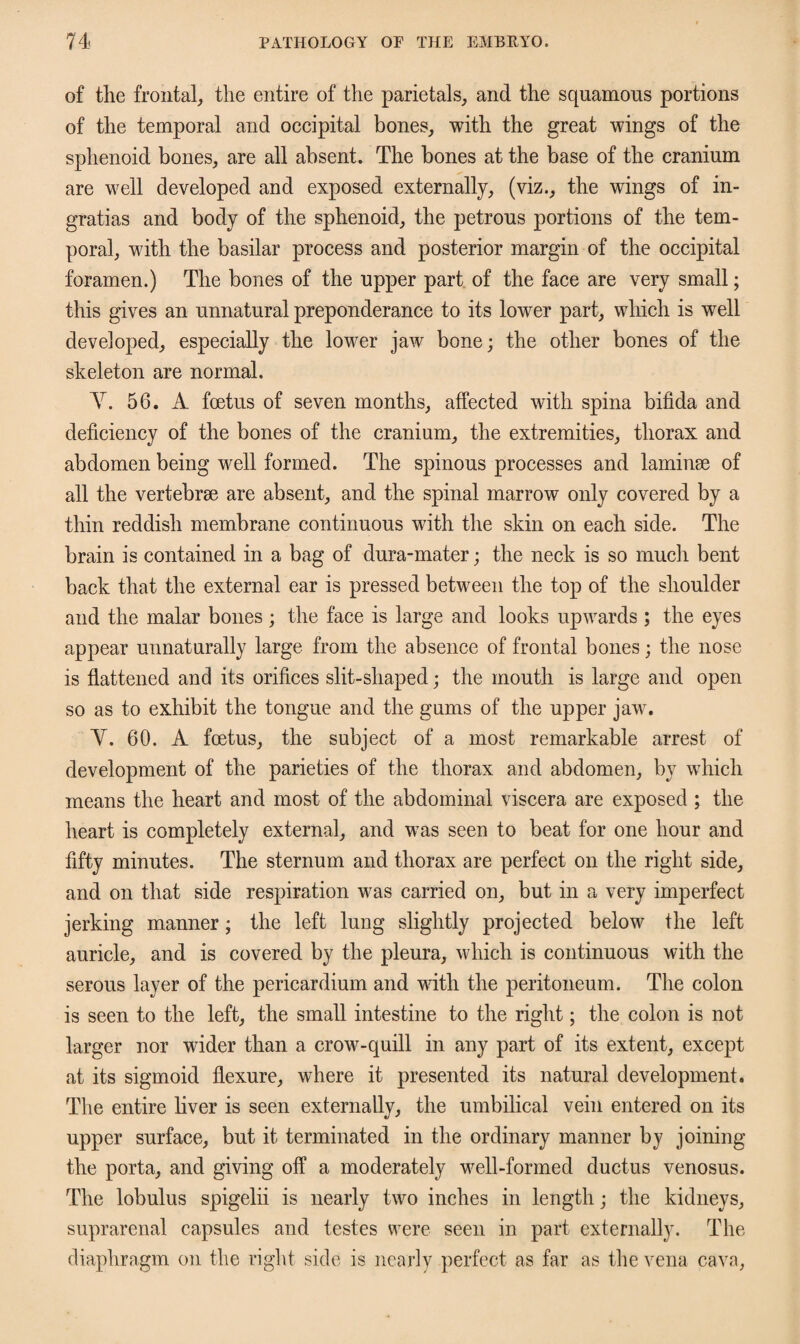 of the frontal, the entire of the parietals, and the squamous portions of the temporal and occipital bones, with the great wings of the sphenoid bones, are all absent. The bones at the base of the cranium are well developed and exposed externally, (viz., the wings of in- gratias and body of the sphenoid, the petrous portions of the tem¬ poral, with the basilar process and posterior margin of the occipital foramen.) The bones of the upper part of the face are very small; this gives an unnatural preponderance to its lower part, which is well developed, especially the lower jaw bone; the other bones of the skeleton are normal. Y. 56. A foetus of seven months, affected with spina bifida and deficiency of the bones of the cranium, the extremities, thorax and abdomen being well formed. The spinous processes and laminae of all the vertebrae are absent, and the spinal marrow only covered by a thin reddish membrane continuous with the skin on each side. The brain is contained in a bag of dura-mater; the neck is so mucli bent back that the external ear is pressed between the top of the shoulder and the malar bones ; the face is large and looks upwards ; the eyes appear unnaturally large from the absence of frontal bones; the nose is flattened and its orifices slit-shaped; the mouth is large and open so as to exhibit the tongue and the gums of the upper jaw. Y. 60. A foetus, the subject of a most remarkable arrest of development of the parieties of the thorax and abdomen, by which means the heart and most of the abdominal viscera are exposed ; the heart is completely external, and was seen to beat for one hour and fifty minutes. The sternum and thorax are perfect on the right side, and on that side respiration was carried on, but in a very imperfect jerking manner; the left lung slightly projected below the left auricle, and is covered by the pleura, which is continuous with the serous layer of the pericardium and with the peritoneum. The colon is seen to the left, the small intestine to the right; the colon is not larger nor wider than a crow-quill in any part of its extent, except at its sigmoid flexure, where it presented its natural development. The entire liver is seen externally, the umbilical vein entered on its upper surface, but it terminated in the ordinary manner by joining the porta, and giving off a moderately well-formed ductus venosus. The lobulus spigelii is nearly two inches in length; the kidneys, suprarenal capsules and testes were seen in part externally. The diaphragm on the right side is nearly perfect as far as the vena cava,