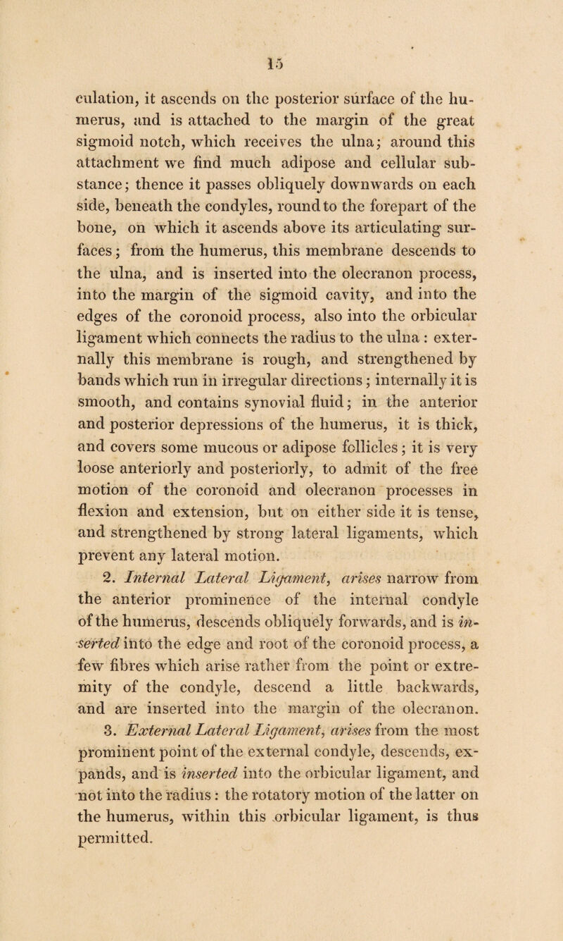 dilation, it ascends on tlic posterior surface of the hu¬ merus, and is attached to the margin of the great sigmoid notch, which receives the ulna; around this attachment we find much adipose and cellular sub¬ stance ; thence it passes obliquely downwards on each side, beneath the condyles, round to the forepart of the bone, on which it ascends above its articulating sur¬ faces ; from the humerus, this membrane descends to the ulna, and is inserted into the olecranon process, into the margin of the sigmoid cavity, and into the edges of the coronoid process, also into the orbicular ligament which connects the radius to the ulna : exter¬ nally this membrane is rough, and strengthened by bands which run in irregular directions; internally it is smooth, and contains synovial fluid; in the anterior and posterior depressions of the humerus, it is thick, and covers some mucous or adipose follicles; it is very loose anteriorly and posteriorly, to admit of the free motion of the coronoid and olecranon processes in flexion and extension, but on either side it is tense, and strengthened by strong lateral ligaments, which prevent any lateral motion. 2. Internal Lateral Ligament, arises narrow from the anterior prominence of the internal condyle of the humerus, descends obliquely forwards, and is in¬ serted into the edge and root of the coronoid process, a few fibres wrhich arise rather from the point or extre¬ mity of the condyle, descend a little backwards, and are inserted into the margin of the olecranon. 3. External Lateral Ligament, arises from the most prominent point of the external condyle, descends, ex¬ pands, and is inserted into the orbicular ligament, and not into the radius: the rotatory motion of the latter on the humerus, within this orbicular ligament, is thus permitted.