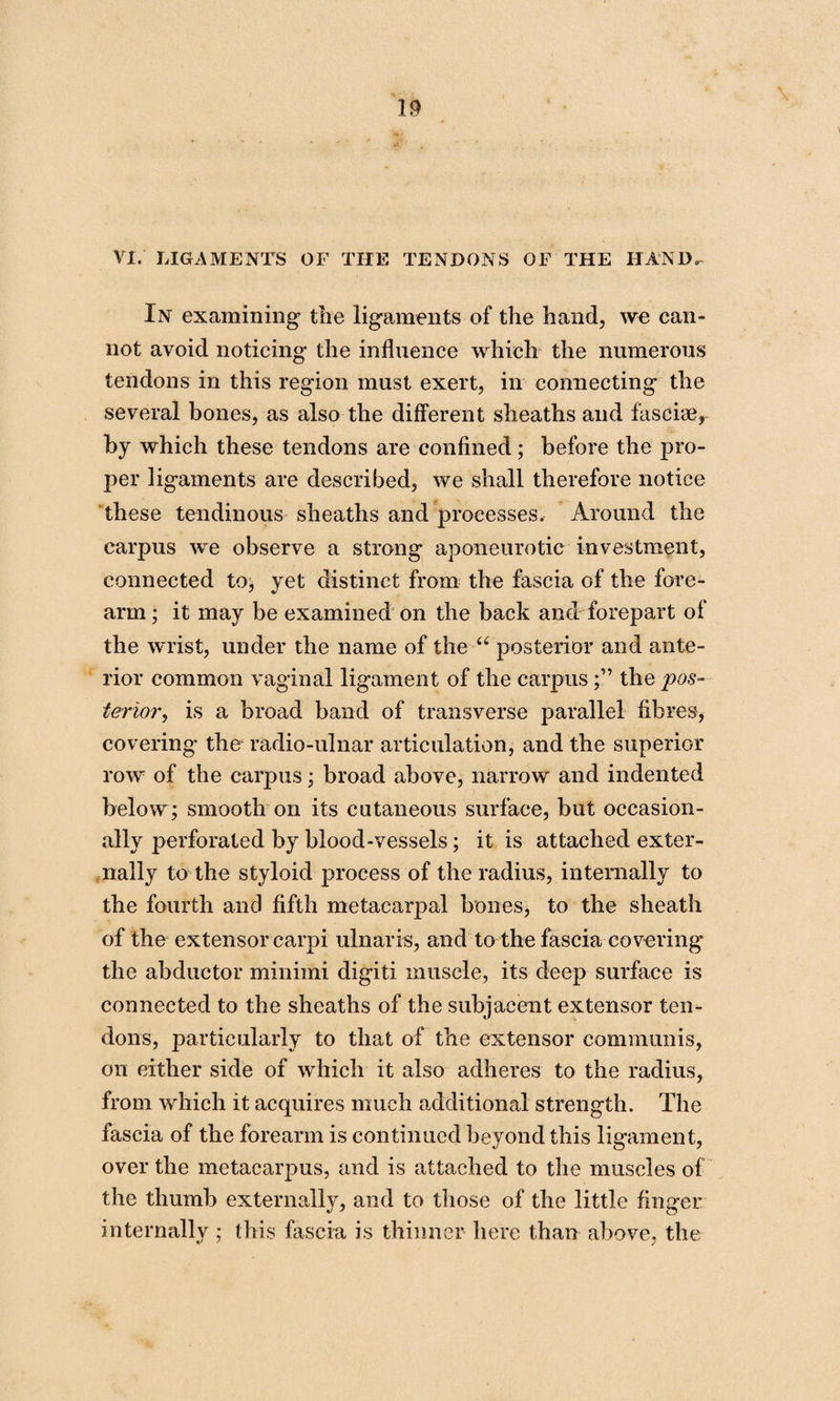 In examining the ligaments of the hand, we can¬ not avoid noticing the influence which the numerous tendons in this region must exert, in connecting the several bones, as also the different sheaths and fasciae, by which these tendons are confined; before the pro¬ per ligaments are described, we shall therefore notice these tendinous sheaths and processes. Around the carpus we observe a strong aponeurotic investment, connected to, yet distinct from the fascia of the fore¬ arm ; it may be examined on the back and forepart of the wrist, under the name of the “ posterior and ante¬ rior common vaginal ligament of the carpusthe pos¬ terior, is a broad band of transverse parallel fibres, covering the radio-ulnar articulation, and the superior row of the carpus; broad above, narrow and indented below; smooth on its cutaneous surface, but occasion¬ ally perforated by blood-vessels; it is attached exter¬ nally to the styloid process of the radius, internally to the fourth and fifth metacarpal bones, to the sheath of the extensor carpi ulnaris, and to the fascia covering the abductor minimi digiti muscle, its deep surface is connected to the sheaths of the subjacent extensor ten¬ dons, particularly to that of the extensor communis, on either side of which it also adheres to the radius, from which it acquires much additional strength. The fascia of the forearm is continued beyond this ligament, over the metacarpus, and is attached to the muscles of the thumb externally, and to those of the little finger internally ; this fascia is thinner here than above, the