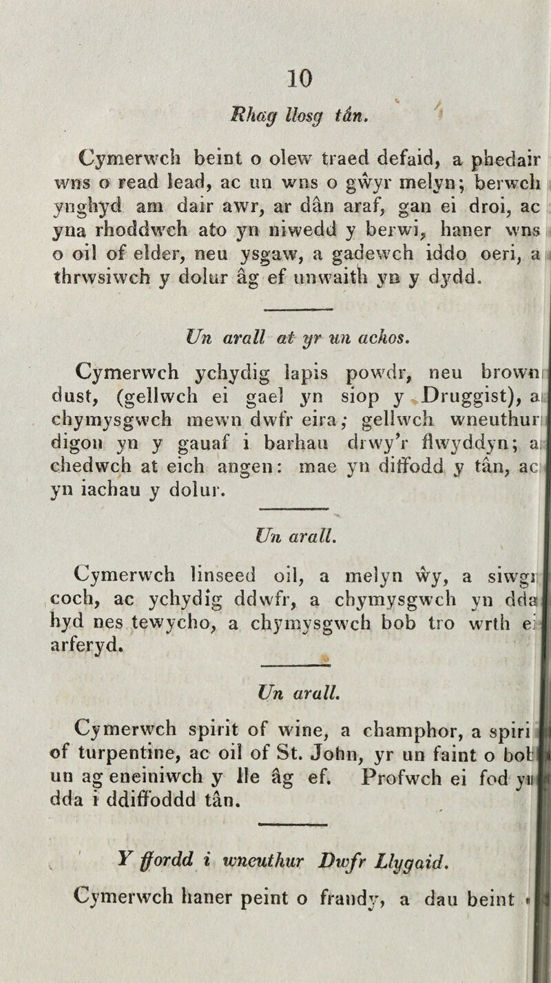 Ilhag llosg tân. Cymerwch beiat o olew traed defaid, a phedair wns o read lead, ac un wns o gŵyr ineìyn; berwcli ynghyd am dair awr, ar dân araf, gan ei droi, ac yna rhoddwch ato yn niwedd y berwi, haner wns o oil of elder, neu ysgaw, a gadewch iddo oeri, a thrwsiwch y dolur âg ef unwaith yn y dydd. Un aralt at yr un achos. Cymerwch ychydig lapis powdr, neu brown dust, (gellwch ei gaeî yn siop y Druggist), a. chymysgwch raewn dwfr eira,- geliwch wneuthuri digon yn y gauaf i barhau drwy’r flwyddyn; a: chedwch at eich angen: mae yn diífodd y tân, ac yn iachau y doìur. Un arall. Cymerwch linseed oil, a meìyn ŵy, a siwgi coch, ac ychydig ddwfr, a cbymysgwch yn dda hyd nes tewycho, a chymysgwch bob tro wrth ei arferyd. Un arall. Cymerwch spirit of wdne, a champhor, a spiri of turpentine, ac oil of St. John, yr un faint o bot un ag eneiniw'ch y lle âg ef. Profw'ch ei fod ym dda i ddiffoddd tân. Y ffordd i wncuthur Dwfr Llygaid. Cymerwch haner peint o frandy, a dau beint *