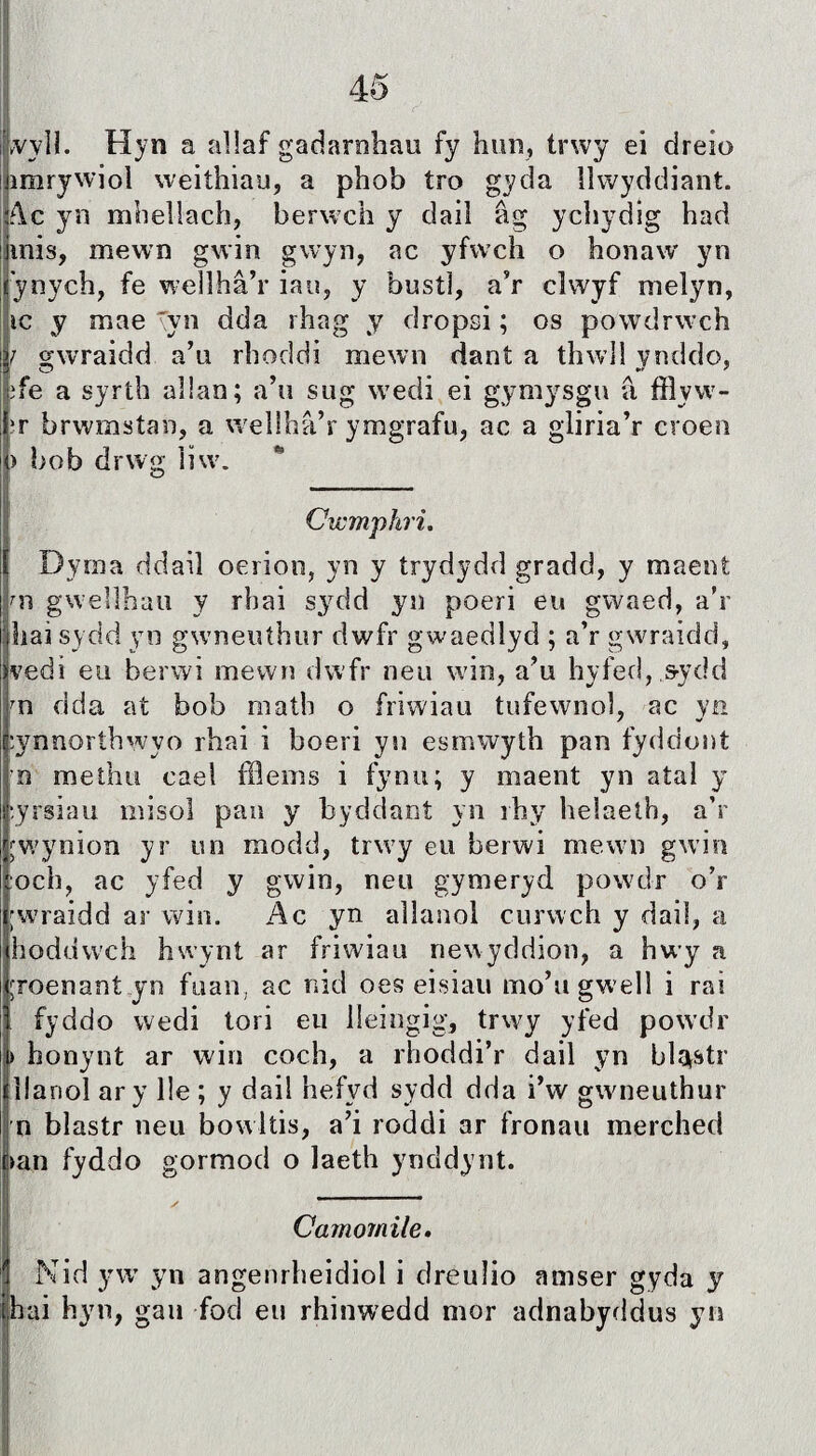 \vyli. Hyn a aìîaf gadarnhau fy hurs, trwy ei dreio jimrywiol weithiau, a phob tro gyda llwyddiant. îf\c yn mhellach, berwch y daiì âg ychydig had jmis, mewn gwin gwyn, ac yfwch o honaw yn f'ynych, fe wellhâ’r iau, y bustl, a’r clwyf meìyn, ic y mae yn dda rhag y dropsi; os powdrwch i o-wraidd a’u rhoddi mewn dant a thwl! ynddo, ìfe a syrth al!an; a’u sug wedi ei gymysgu â fflyw- ‘r brwmstan, a welíhâ’r ymgrafu, ac a gliria’r croen ) bob drwg îiw. Cwmphri. Dyma ddaiî oerion, yn y trydydd gradd, y maent m gwellhau y rbai sydd yn poeri eu gwaed, a’r hai sydd yn gwneuthur dwfr gwaedlyd ; a’r gwraidd, |vedi eu berwi mewn dwfr neu win, a’u hyfecl, s-ydd jn dda at bob matb o friwiau tufewnol, ac yn :ynnorthwyo rhai i boeri yn esmwyth pan fyddont 'n methü cael fflems i fynu; y maent yn atal y •yrsiau misol pan y byddant yn rhy heîaeth, a’r jwynion yr un modd, trwy eu berwi mewn gwin joch, ac yfed y gwin, neu gymeryd powdr o’r ;wraidd ar win. Ac yn alîanol curwch y dail, a hoddwch hwynt ar friwiau newyddion, a hwy a ;roenant yn fuan, ac nid oes eisiau mo’u gwell i rai fyddo wedi tori eu lleingig, trwy yfed powdr > honynt ar win coch, a rhoddi’r dail yn blapStr llanol ary lle ; y dail hefyd sydd dda i’w gwneuthur n blastr tieu bowìtis, a’i roddi ar fronau merched nan fyddo gormod o laeth ynddynt. s 1 Camomile• Nid yw yn angenrheidiol i dreulio amser gyda y hai hyn, gan fod eu rhinwedd mor adnabyddus yn