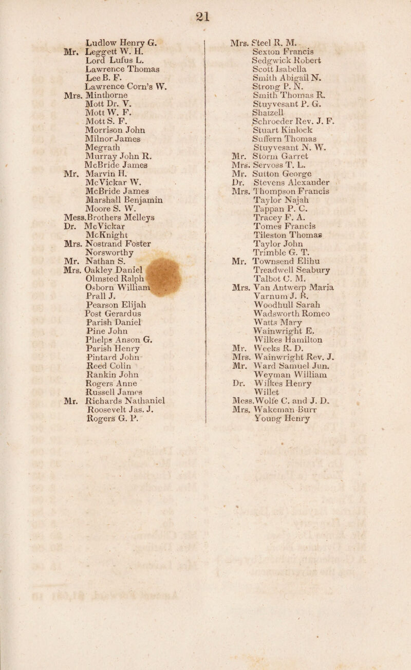 Ludlow Henry G. Mr. Leggett W. H. Lord Lufus L. Lawrence Thomas Lee B. F. Lawrence Corn’s VV. Mrs. Minthorne Mott Dr. V. Mott W. F. Mott S. F. Morrison John Milnor James Megrath Murray John R. McBride James Mr. Marvin H. McVickar W. McBride James Marshall Benjamin Moore S. W. Mess.Brothers Melleys Dr. McVickar McKnig-ht Mrs. Nostrand Foster Norsworthy Mr. Nathan S. Mrs. Oakley Daniel .. Olmsted Ralph p Osborn William^ PrallJ. Pearson Elijah Post Gerardus Parish Daniel Pine John Phelps Anson G. Parish Henry Pintard John Reed Colin Rankin John Rogers Anne Russell James Mr. Richards Nathaniel Roosevelt Jas. J. Rogers G. P. Mrs. Steel R. M. Sexton Francis Sedgwick Robert Scott Isabella Smith Abigail N. Strong P. N. Smith Thomas R. Stuyvesant P. G. Shatzell Schroeder Rev. J. F. Stuart Kinlock Suffern Thomas Stuyvesant IN. W. Mr. Storm Garret Mrs. Servoss T. L. Mr. Sutton George Dr. Stevens Alexander Mrs. Thompson Francis Taylor Najah Tappan P. C. Tracey F. A. Tomes Francis Tileston Thomas Taylor John Trimble G. T. Mr. Townsend Eliliu Treadwell Seabury Talbot C. M. Mrs. Van Antwerp Maria Varnum J. R. Woodhull Sarah Wadsworth Romeo Watts Mary Wainwright E. Wilkes Hamilton Mr. Weeks R. D. Mrs. Wainwright Rev. J. Mr. Ward Samuel Jun. Weyman William Dr. Wilkes Henry Willet Mess.Wolfe C. and J. D. Mrs. Wake man Burr Young Henry