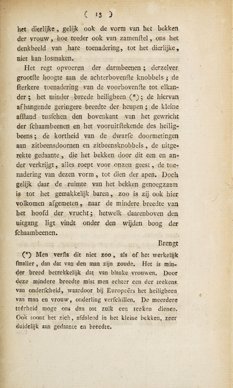 het dierlijke , gelijk ook de vorm van het bekken der vrouw, hoe teeder ook van zamenflel, ons het denkbeeld van hare toenadering, tot het dierlijke, niet kan losmaken. Het regt opvoeren der darmbeenen; derzelver grootfle hoogte aan de achterbovenfle knobbels ; de flerkere toenadering van de voorhovende tot elkan¬ der ; het minder breede heiligbeen (*); de hiervan afhangende geringere breedte der heupen ; de kleine afftand tusfchen den bovenkant van het gewricht der fchaambeenen en het vooruit (lekende des heilig- beens; de kortheid van de dwarfe doormetingen aan zitbeensdoornen en zitbeensknobbels, de uitge¬ rekte gedaante, die het bekken door dit een en an¬ der verkrijgt, alles roept voor onzen geest, de toe¬ nadering van dezen vorm , tot dien der apen. Doch gelijk daar de ruimte van het bekken genoegzaam is tot het gemakkelijk baren, zoo is zij ook hier volkomen afgemeten, naar de mindere breedte van het hoofd der vrucht; hetwelk daarenboven den uitgang ligt vindt onder den wijden boog der fchaambeenen. 1 Brengt Men verfta dit niet zoo , als of het werkelijk fmaller, dan dat van den man zijn zoude. Het is min¬ der breed betrekkelijk dat van blanke vrouwen. Door deze mindere breedte mist men echter een der teekens van onderfcheid, waardoor bij Europeërs het heiligbeen van man en vrouw, onderling verfchillen. De meerdere teêrheid moge ons dan tot zulk een teeken dienen. Ook toont het zich, afdalend in het kleine bekken, zeer duidelijk aan gedaante en breedte.