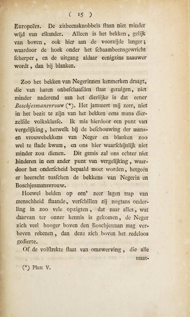 Europeërs. De zitbeensknobbels (laan niet minder wijd van elkander. Alleen is het bekken , gelijk van boven, ook hier aan de voorzijde langer; waardoor de hoek onder het fchaambeensgcwricht fcherper, en de uitgang aldaar eenigzins naauwer wordt, dan bij blanken. Zoo het bekken van Negerinnen kenmerken draagt, die van haren onbefchaafden (laat getuigen, niet minder naderend aan het dierlijke is dat eener Bosch]esmansvrouw (*). Het jammert mij zeer, niet in het bezit te zijn van het bekken eens mans dier- zelfde volksklasfe. Ik mis hierdoor een punt van vergelijking, hetwelk bij de befchouwing der inans- en vrouwebekkens van Neger en blanken zoo wel te (lade kwam, en ons hier waarfchijnlijk niet minder zou dienen. Dit gemis zal ons echter niet hinderen in een ander punt van vergelijking, waar¬ door het onderfcheid bepaald moet worden, hetgeen er heerscht tusfehen de bekkens van Negerin en Boschjesmansvrouw. Hoewel beiden op een’ zeer lagen trap van menschheid (taande, verfchillen zij nogtans onder¬ ling in zoo vele opzigten, dat naar alles, wat • daarvan ter onzer kennis is gekomen, de Neger zich veel hooger boven den Boschjesman mag ver¬ heven rekenen, dan deze zich boven het redeloos gedierte. Of de volftrekte (laat van omzwerving, die alle maat- (*) Plaat V.