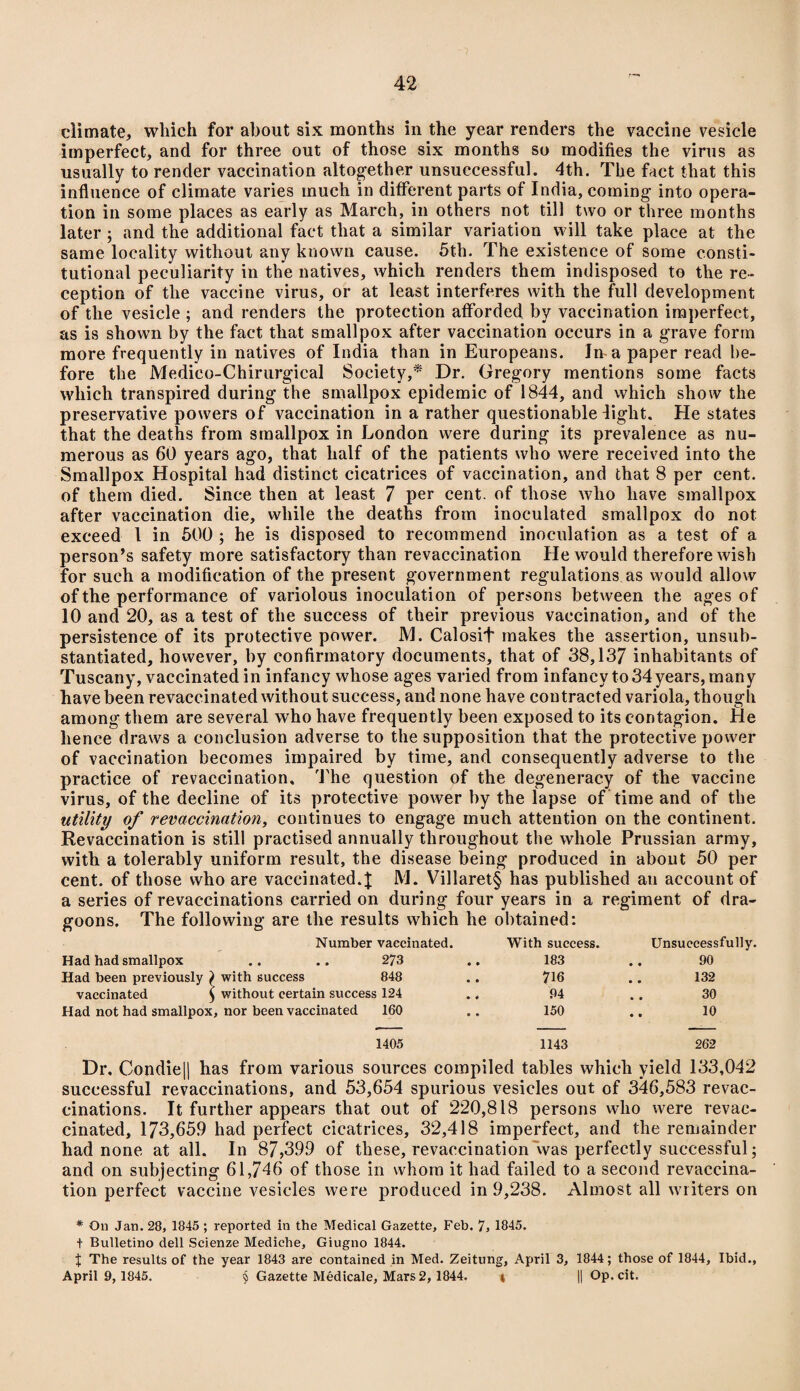 climate, which for about six months in the year renders the vaccine vesicle imperfect, and for three out of those six months so modifies the virus as usually to render vaccination altogether unsuccessful. 4th. The fact that this influence of climate varies much in different parts of India, coming into opera¬ tion in some places as early as March, in others not till two or three months later ; and the additional fact that a similar variation will take place at the same locality without any known cause. 5th. The existence of some consti¬ tutional peculiarity in the natives, which renders them indisposed to the re¬ ception of the vaccine virus, or at least interferes with the full development of the vesicle ; and renders the protection afforded by vaccination imperfect, as is shown by the fact that smallpox after vaccination occurs in a grave form more frequently in natives of India than in Europeans. In-a paper read be¬ fore the Medico-Chirurgical Society,* Dr. Gregory mentions some facts which transpired during the smallpox epidemic of 1844, and which show the preservative powers of vaccination in a rather questionable light. He states that the deaths from smallpox in London were during its prevalence as nu¬ merous as 60 years ago, that half of the patients who were received into the Smallpox Hospital had distinct cicatrices of vaccination, and that 8 per cent, of them died. Since then at least 7 per cent, of those who have smallpox after vaccination die, while the deaths from inoculated smallpox do not exceed 1 in 500 ; he is disposed to recommend inoculation as a test of a person’s safety more satisfactory than revaccination He would therefore wish for such a modification of the present government regulations as would allow of the performance of variolous inoculation of persons between the ages of 10 and 20, as a test of the success of their previous vaccination, and of the persistence of its protective power. M. Calosit makes the assertion, unsub¬ stantiated, however, by confirmatory documents, that of 38,137 inhabitants of Tuscany, vaccinated in infancy whose ages varied from infancy to 34years, many have been revaccinated without success, and none have contracted variola, though among them are several who have frequently been exposed to its contagion. He hence draws a conclusion adverse to the supposition that the protective power of vaccination becomes impaired by time, and consequently adverse to the practice of revaccination. The question of the degeneracy of the vaccine virus, of the decline of its protective power by the lapse of time and of the utility of revaccination, continues to engage much attention on the continent. Revaccination is still practised annually throughout the whole Prussian army, with a tolerably uniform result, the disease being produced in about 50 per cent, of those who are vaccinated.\ M. Villaret§ has published an account of a series of revaccinations carried on during four years in a regiment of dra¬ goons. The following are the results which he obtained: Number vaccinated. Had had smallpox .. .. 273 Had been previously } with success 848 vaccinated $ without certain success 124 Had not had smallpox, nor been vaccinated 160 With success. 183 716 94 150 Unsuccessfully. 90 132 30 10 1405 1143 262 Dr. Condie|| has from various sources compiled tables which yield 133,042 successful revaccinations, and 53,654 spurious vesicles out of 346,583 revac¬ cinations. It further appears that out of 220,818 persons who were revac¬ cinated, 173,659 had perfect cicatrices, 32,418 imperfect, and the remainder had none at all. In 87,399 of these, revaccination was perfectly successful; and on subjecting 61,746 of those in whom it had failed to a second revaccina¬ tion perfect vaccine vesicles were produced in 9,238. Almost all writers on * On Jan. 28, 1845 ; reported in the Medical Gazette, Feb. 7, 1845. t Bulletino dell Scienze Mediche, Giugno 1844. X The results of the year 1843 are contained in Med. Zeitung, April 3, 1844; those of 1844, Ibid., April 9,1845. § Gazette Medicale, Mars 2, 1844. t || Op.cit.