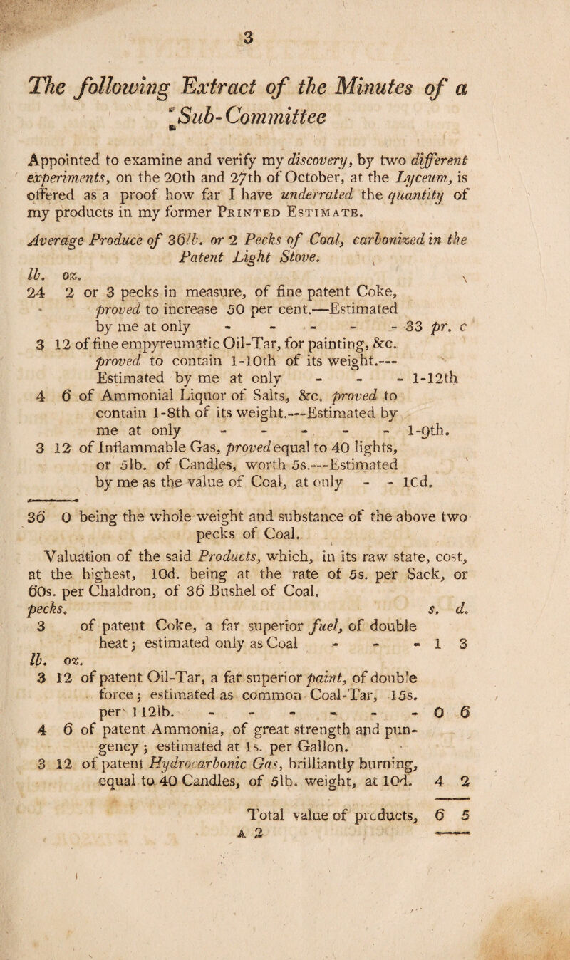 3 The following Extract of the Minutes of a * Sub- Committee Appointed to examine and verify my discovery, by two different experiments, on the 20th and 27th of October, at the Lyceum,, is offered as a proof how far I have underrated the quantity of my products in my former Printed Estimate. Average Produce of 361b. or 2 Pecks of Coal, carbonized hi the Patent Light Stove. s lb. oz. \ 24 2 or 3 pecks in measure, of fine patent Coke, proved to increase 50 per cent.—Estimated by me at only « - - - - 33 pr. c 3 12 of fine empyreumatic Oil-Tar, for painting, &c. proved to contain 1-1 Oth of its weight.— Estimated by me at only - l-12th 4 6 of Ammonial Liquor of Saits, &c, proved to contain l-8th of its weight.—Estimated by me at only - 1-961. 3 12 of Inflammable Gas, proved equal to 40 lights, or 5lb. of Candles, worth 5s.—Estimated by me as the value of Coal, at only - - led. s. 36 O being the whole weight and substance of the above two pecks of Coal. Valuation of the said Products, which, in its raw state, cost, at the highest, lOd. being at the rate of 5s. per Sack, or 60s. per Chaldron, of 36 Bushel of Coal. pecks. 3 of patent Coke, a far superior fuel, of double heat ; estimated only as Coal - lb. oz. 3 12 of patent Oil-Tar, a far superior paint, of double force; estimated as common Coal-Tar, 15s. per 112 lb. - 4 6 of patent Ammonia, of great strength and pun¬ gency ; estimated at Is. per Gallon. 3 12 of patent Hydrocarbonic Gas, brilliantly burning, equal to 40 Candles, of 5lb. weight, at lOd. d. 3 -06 4 2 Total value of products, A 2 6 5 t