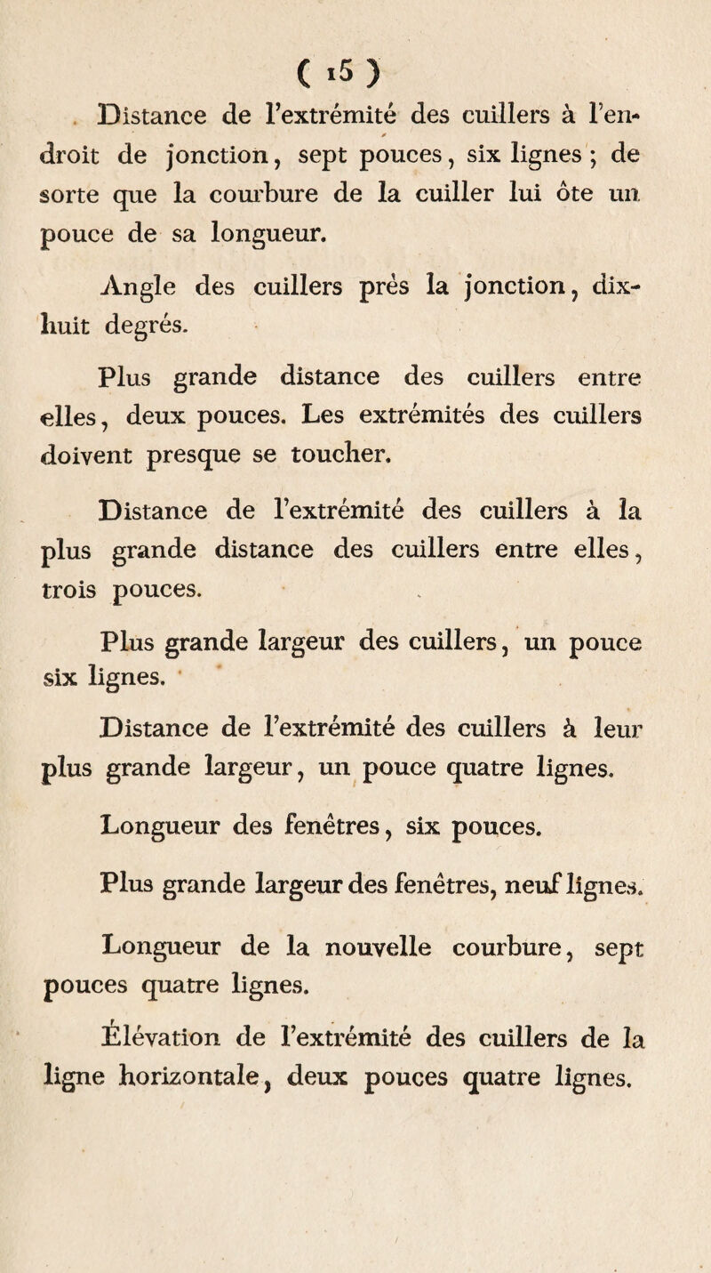 C *5) Distance de l’extrémité des cuillers à l’en- * droit de jonction, sept pouces, six lignes ; de sorte que la courbure de la cuiller lui ôte un pouce de sa longueur. Angle des cuillers près la jonction, dix- liuit degrés. Plus grande distance des cuillers entre elles, deux pouces. Les extrémités des cuillers doivent presque se toucher. Distance de l’extrémité des cuillers à la plus grande distance des cuillers entre elles, trois pouces. Plus grande largeur des cuillers, un pouce six lignes. Distance de l’extrémité des cuillers à leur plus grande largeur, un pouce quatre lignes. Longueur des fenêtres, six pouces. Plus grande largeur des fenêtres, neuf lignes. Longueur de la nouvelle courbure, sept pouces quatre lignes. Élévation de l’extrémité des cuillers de la ligne horizontale, deux pouces quatre lignes.