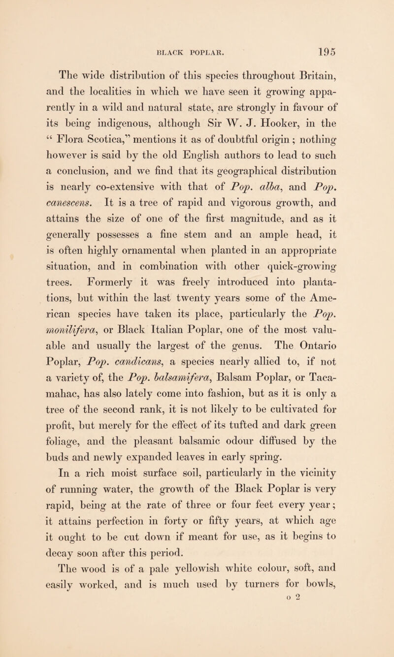 The wide distribution of this species throughout Britain, and the localities in which we have seen it growing appa¬ rently in a wild and natural state, are strongly in favour of its being indigenous, although Sir W. J. Hooker, in the u Flora Scotica,” mentions it as of doubtful origin ; nothing however is said by the old English authors to lead to such a conclusion, and we find that its geographical distribution is nearly co-extensive with that of Pop. alba, and Pop. canescens. It is a tree of rapid and vigorous growth, and attains the size of one of the first magnitude, and as it generally possesses a fine stem and an ample head, it is often highly ornamental when planted in an appropriate situation, and in combination with other quick-growing trees. Formerly it was freely introduced into planta¬ tions, hut within the last twenty years some of the Ame¬ rican species have taken its place, particularly the Pop. monilifera, or Black Italian Poplar, one of the most valu¬ able and usually the largest of the genus. The Ontario Poplar, Pop. candicans, a species nearly allied to, if not a variety of, the Pop. balsamifera, Balsam Poplar, or Taca- mahac, has also lately come into fashion, but as it is only a tree of the second rank, it is not likely to be cultivated for profit, hut merely for the elfect of its tufted and dark green foliage, and the pleasant balsamic odour diffused by the buds and newly expanded leaves in early spring. In a rich moist surface soil, particularly in the vicinity of running water, the growth of the Black Poplar is very rapid, being at the rate of three or four feet every year; it attains perfection in forty or fifty years, at which age it ought to be cut down if meant for use, as it begins to decay soon after this period. The wood is of a pale yellowish white colour, soft, and easily worked, and is much used by turners for bowls, o 2