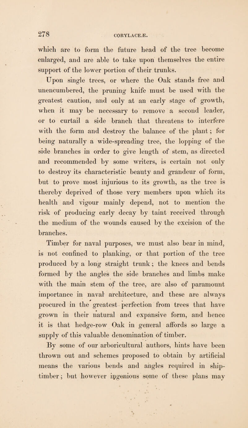 which are to form the future head of the tree become enlarged, and are able to take upon themselves the entire support of the lower portion of their trunks. Upon single trees, or where the Oak stands free and unencumbered, the pruning knife must be used with the greatest caution, and only at an early stage of growth, when it may be necessary to remove a second leader, or to curtail a side branch that threatens to interfere with the form and destroy the balance of the plant; for being naturally a wide-spreading tree, the lopping of the side branches in order to give length of stem, as directed and recommended by some writers, is certain not only to destroy its characteristic beauty and grandeur of form, but to prove most injurious to its growth, as the tree is thereby deprived of those very members upon which its health and vigour mainly depend, not to mention the risk of producing early decay by taint received through the medium of the wounds caused by the excision of the branches. Timber for naval purposes, we must also bear in mind, is not confined to planking, or that portion of the tree produced by a long straight trunk; the knees and bends formed by the angles the side branches and limbs make with the main stem of the tree, are also of paramount importance in naval architecture, and these are always ^ . procured in the greatest perfection from trees that have grown in their natural and expansive form, and hence it is that hedge-row Oak in general affords so large a supply of this valuable denomination of timber. By some of our arboricultural authors, hints have been thrown out and schemes proposed to obtain by artificial means the various bends and angles required in ship- timber ; but however ingenious some of these plans may