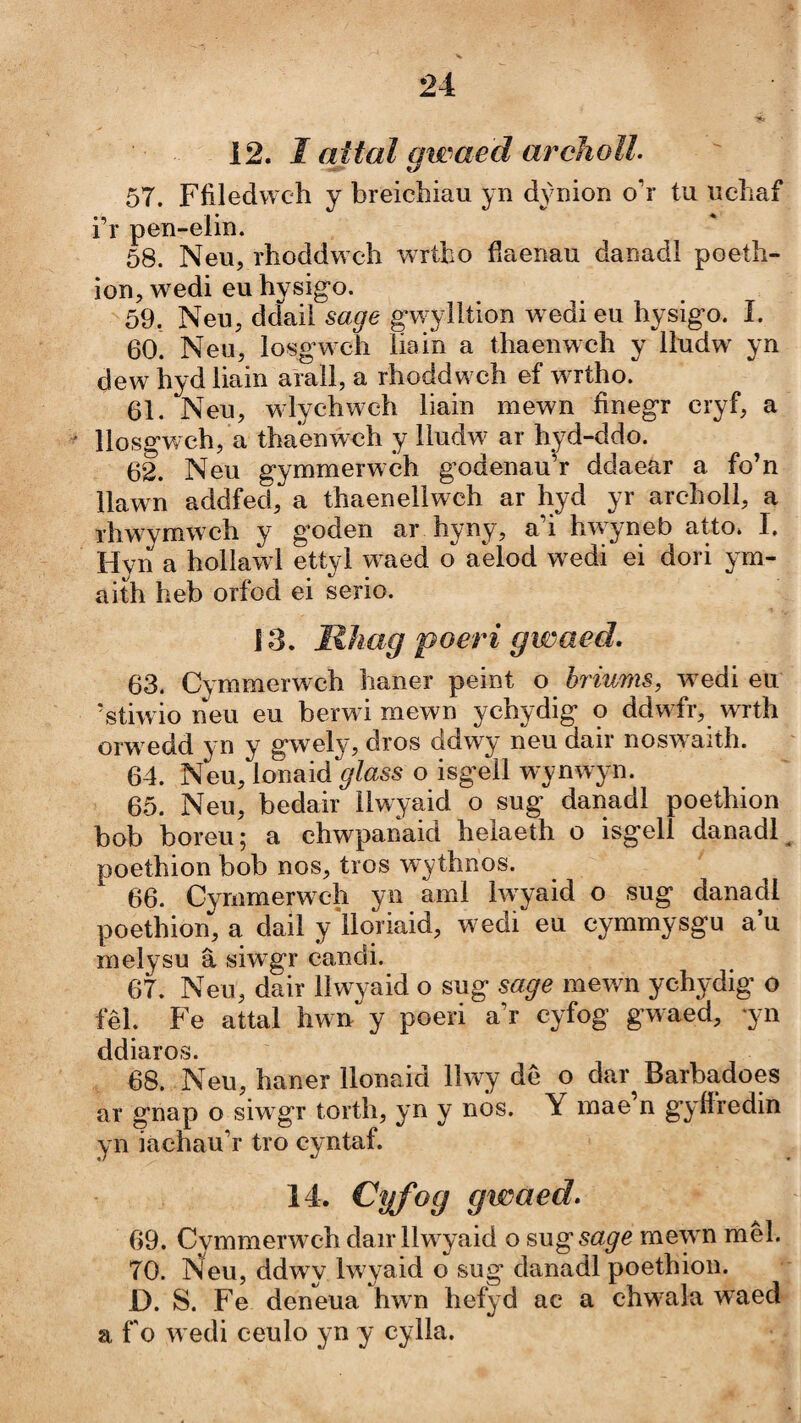 12. J attal awaed arcìiolL 57. Fíìledwch y breichiau yn d^'nion o’r tu ucliaf i’r pen-elin. 58. Neu, rhoddwch wutho fíaenau danadl poeth- ion, wedi eu hysigo. ^59, Neu, ddaii sage gwwiltion weàì eu hysigo. I. 60. Neu, losgwch iiain a thaenwch y iludw^ yn dew hydiiain arali, a rhoddwuh ef wrtho. 61. Neu, wiychwch iiain mewn finegr cryf, a liosgwch, a thaenwch y liudw ar hyd-ddo. 62. Neu gymmerwch godenaur ddaear a fo’n liawn addfed, a thaeneiiwch ar hyd yr archoil, a rhwymwch y g-oden ar hyny, a’i hwyneb atto. I. Hyn a hoiiawi ettyi waed o aelod wedi ei dori ym- aith heb orfod ei serio. 13. Mhag poeri gwaed, 63. Cymmerwch haner peint o briums, w^edi eu ’stiwio neu eu berwi mewn ychydig o ddw fr, wrth orwedd yn y gwely, dros ddwy neu dair noswaìth. 64. Neu, ionaid glass o isgeii wynwyn. 65. Neu, bedair ìiwyaid o sug danadl poethion bob boreu j a chwpanaid helaeth o isgeii danadl ^ poethion bob nos, tros w^/thnos. 66. Cymmerwch yn aml iwyaid o sug danadl poethion, a daii y'iioriaid, wedi eu cymmysgu a’u melysu â siwgr candi. 67. Neu, dair ilw^aid o sug sage mewn ychydig o fêl. Fe attal hwn y poeri a’r cyfog gwaed, ‘yn ddiaros. 68. Neu, haner ilonaid iiwy dê o dar^ Barbadoes ar gnap o siwgr torth, yn y nos. Y mae n gyíiredin yn iachau’r tro cyntaf. 14. Cyfog gwaed. 69. Cymmerwch dair iiw yaid o sug sage mew n mêl. 70. Neu, ddwy Iwyaid o sug danadi poethion. D. S. Fe deneua hwn hefyd ac a chw^aia waed a fo w edi ceulo yn y cyiia.