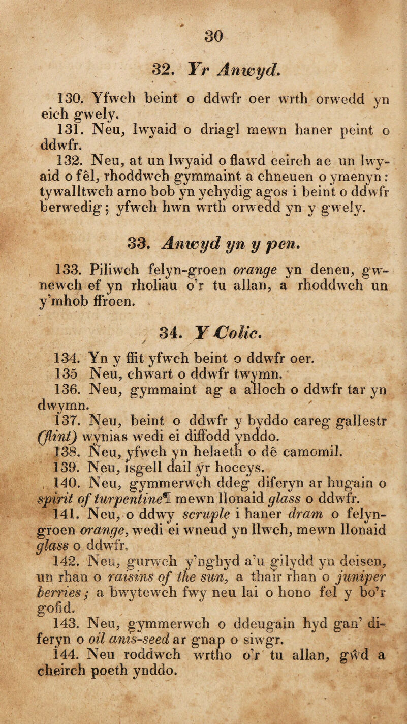 0 30 32. Yr Anwyd» 130. Yfweh beint o ddwfr oer wrth orw edd yn eieh g’wely. 131. Neu, iwyaid o driagl mewn haner peint o ddwfr. 132. Neu, at un Iwyaid o flaw'd eeireh ae un Iw y- aid o fêl, rhoddweh gymmaint a chneuen o ymenyn : tywalltwch arno bob yn ychydig agos i beint o ddwfr berwedig; yfwch hwn wrth orwedd yn y gw ely. 33. Anwyd yn y pen» 133. Piliwch felyn-groen orange yn deneu, gw- newch ef yn rholiau o’r tu allan, a rhoddw ch un y’mhob íFroen. 34. Y€oUc. / 134. Yn y fíit yfwch beint o ddwfr oer. 135 Neu, chwart o ddwfr twymn. 136. Neu^ gymmaint ag a alloch o ddwfr tar yn dwymn. 137. Neu, beint o ddwfr y byddo careg gallestr (jUnt) w^ynias wedi ei difíbdd yndído. 138. Neu, yfwchyn helaeth o dê camomil. 139. Neu, isgell (lail ÿr hoccys. , 140. Neu, gymmerwch ddeg diferyn ar hugain o sjpirit of turpentine^ mewn llonaid glass o ddwír. 141. Neu, o ddwy scruple i haner dram o felyn- groen orange, w^edi ei wneud yn llw ch, mewm llonaid glass o ddwfr, 142. Neu, gurweh y’nghyd a’u gilydd yn deisen, un rhan o raisins of tìie sun, a thair rhan o juniper ‘ s; a bwytewch fwy neu lai o hono fel y bo’r . NeU;, gymmerwch o ddeugain hyd gan’ di- feryn o oil anis-seed ar gnap o siwgr. 144. Neu roddweh wTtho o’r tu allan, gŵd a cheirch poeth ynddo. ùerne^ gofid. 143