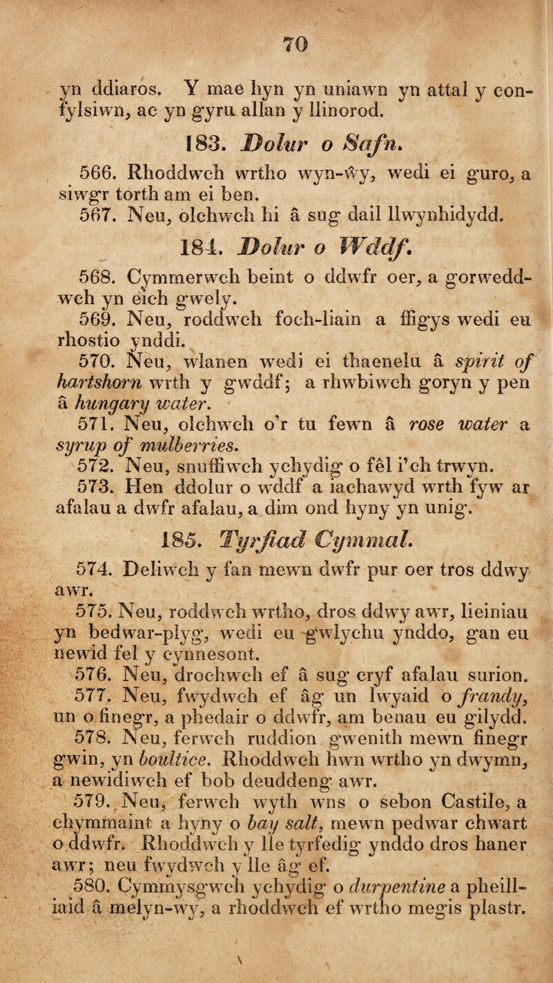 yn ddiaros. Y mae hyn yn uniawn yn attal y eon- fylsiwn, ae yn gym allan y ilinorod. 183. Dohir o Safn^ 566. Rhoddwch wrtho wyn-ŵy, wedi ei guro, a siwgr torth am ei ben. 567. Neu, olchwch hi â sng dail llwynhidydd. 184. Dolmr o Wddf, 568. Cymmerwch beint o ddwfr oer, a gorwedd- wch yn eieh gwely. 569. Neu, roddwch foch-liain a ffigys wedi eu rhostio ynddi. 570. Neu, wlanen wedi ei thaenelu â spirit of hartshorn wrth y gwddf; a rhwbiwch goryn y pen â hungary water, 571. Neu, olchwch o’r tu fewn â rose water a syrup of mulberries. 572. Neu, snuffiwch ychydig o fêl i’ch trwyn. 573. Hen ddolur o wddf a iachawyd wrth fyw ar afalau a dwfr afaiau, a dim ond hyny yn unig*. 185. Tyrfiad CymmaL 574. Deliwch y fan mewn dwfr pur oer tros ddwy awr. 575. Neu, roddwch wrtho, dros ddwy awr, lieiniau yn bedwar-plyg, wedi eu gwlychu ynddo, gan eu newid fei y eynnesont. 576. NeUj^rochwch ef â sug cryf afalau surion. 577. Neu, fwydwch ef âg un Iwyaid o frandy, un o finegr, a phedair o ddwfr, am benau eu gilydd. 578. Neu, ferwch ruddion g’wenith mewn finegr gwin, yn boultice. Rhoddwch hwn wrtho yn dwymn, a newidiwch ef bob deuddeng* awr. 579. Neu, ferwch wyth wns o sebon Castile, a chymmaint a hyny o bay salt, mewn pedwar chwart o ddwfr. Rhoddwch y lie tyrfedig ynddo dros haner awr; neu fwydwch y ile âg ef. 580. Cymmysgwclì ychydig o durpentine a pheill- iaid â melyn-wy, a rhoddwch ef wrtho megis plastr.