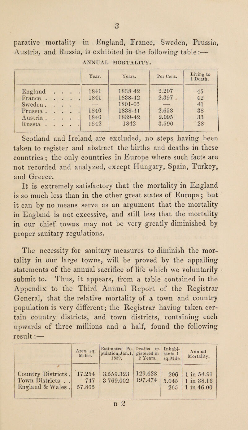 8 parative mortality in England, France, Sweden, Prussia, Austria, and Russia, is exhibited in the following table:— ANNUAL MORTALITY. Year. Years. Per Cent. Living to 1 Death. England . . . . 1841 1838 42 2.207 45 F ranee. 1841 1838-42 2.397 42 Sweden. — 1801-05 *—• 41 Prussia. 1840 1838-41 2.658 38 Austria. 1840 1839-42 2.995 33 Russia. 1842 1842 3.590 28 Scotland and Ireland are excluded, no steps having been taken to register and abstract the births and deaths in these countries ; the only countries in Europe where such facts are not recorded and analyzed, except Hungary, Spain, Turkey, and Greece. It is extremely satisfactory that the mortality in England is so much less than in the other great states of Europe ; but it can by no means serve as an argument that the mortality in England is not excessive, and still less that the mortality in our chief towns may not be very greatly diminished by proper sanitary regulations. The necessity for sanitary measures to diminish the mor¬ tality in our large towns, will be proved by the appalling statements of the annual sacrifice of life which we voluntarily submit to. Thus, it appears, from a table contained in the Appendix to the Third Annual Report of the Registrar General, that the relative mortality of a town and country population is very different; the Registrar having taken cer¬ tain country districts, and town districts, containing each upwards of three millions and a half, found the following result:— Area, sq. Miles. Estimated Po¬ pulation. Jan. 1, 1839. Deaths re¬ gistered in 2 Years. Inhabi¬ tants 1 sq. Mile Annual Mortality. Country Districts . Town Districts . . England & Wales . 17.254 747 57.805 3.559.323 3 769.002 129.628 197.474 206 5.045 265 1 in 54.91 1 in 38.16 1 in 46.00 b 2