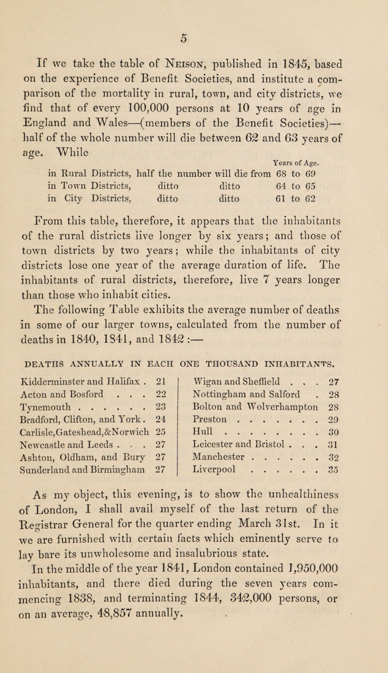 on the experience of Benefit Societies, and institute a com¬ parison of the mortality in rural, town, and city districts, we find that of every 100,000 persons at 10 years of age in England and Wales—(members of the Benefit Societies)— half of the whole number will die between 62 and 63 years of age. While Years of Age. in Rural Districts, half the number will die from 68 to 69 in Town Districts, ditto ditto 64 to 65 in City Districts, ditto ditto 61 to 62 From this table, therefore, it appears that the inhabitants of the rural districts live longer by six years; and those of town districts by two years; while the inhabitants of city districts lose one year of the average duration of life. The inhabitants of rural districts, therefore, live 7 years longer than those who inhabit cities. The following Table exhibits the average number of deaths in some of our larger towns, calculated from the number of deaths in 1840, 1841, and 1842 :— DEATHS ANNUALLY IN EACH ONE THOUSAND INHABITANTS. Kidderminster and Halifax . 21 Acton and Bosford ... 22 Tynemouth.23 Bradford, Clifton, and York . 24 Carlisle, Gatesli ead, &Norwich 25 Newcastle and Leeds ... 27 Ashton, Oldham, and Bury 27 Sunderland and Birmingham 27 Wigan and Sheffield ... 27 Nottingham and Salford . 28 Bolton and Wolverhampton 28 Preston.29 Hull.30 Leicester and Bristol ... 31 Manchester.32 Liverpool ...... 35 As my object, this evening, is to show the unhealthiness of London, I shall avail myself of the last return of the Registrar General for the quarter ending March 31st. In it we are furnished with certain facts which eminently serve to lay bare its unwholesome and insalubrious state. In the middle of the year 1841, London contained 1,950,000 inhabitants, and there died during the seven years com¬ mencing 1838, and terminating 1844, 342,000 persons, or on an average, 48,857 annually.