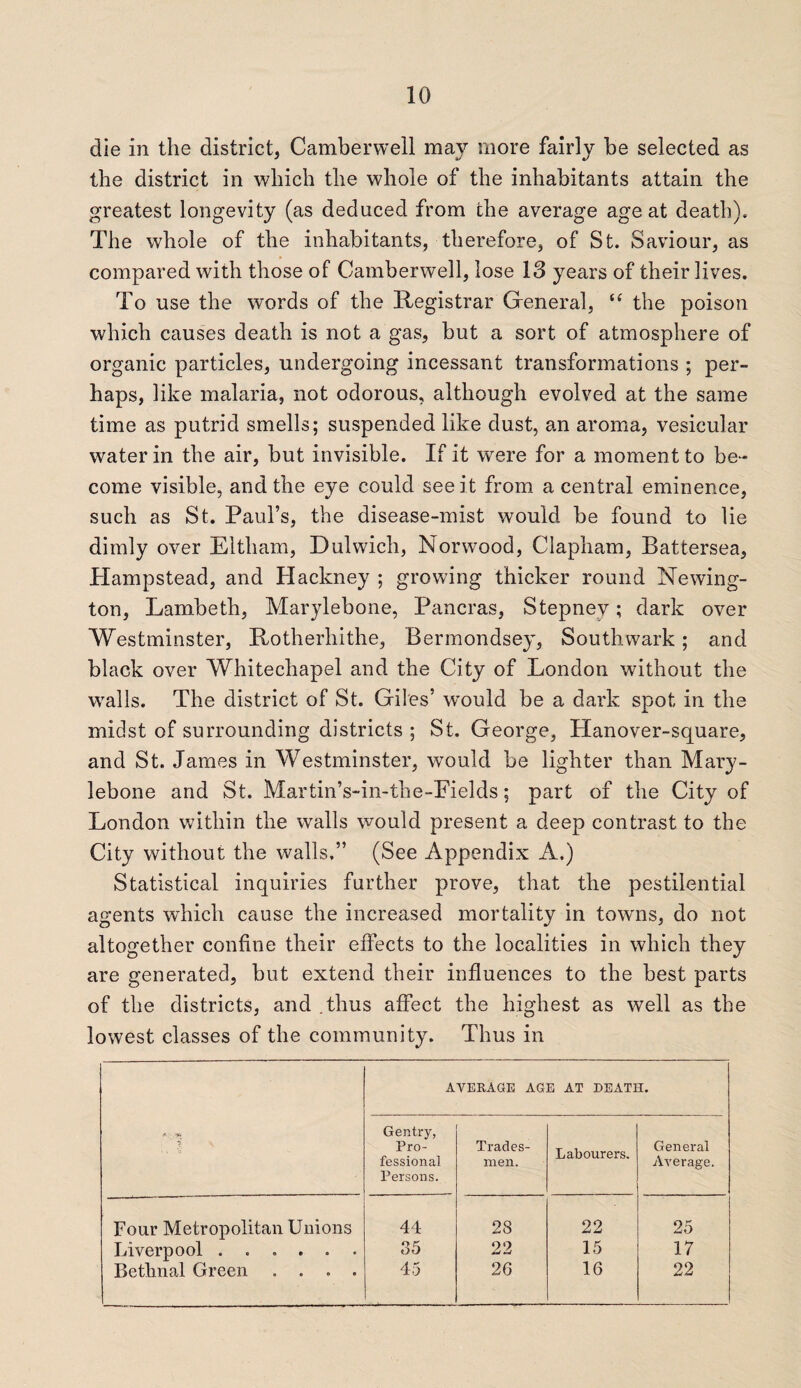 die in the district, Camberwell may more fairly be selected as the district in which the whole of the inhabitants attain the greatest longevity (as deduced from the average age at death). The whole of the inhabitants, therefore, of St. Saviour, as compared with those of Camberwell, lose 13 years of their lives. To use the words of the Registrar General, “ the poison which causes death is not a gas, but a sort of atmosphere of organic particles, undergoing incessant transformations ; per¬ haps, like malaria, not odorous, although evolved at the same time as putrid smells; suspended like dust, an aroma, vesicular water in the air, but invisible. If it wrere for a moment to be¬ come visible, and the eye could see it from a central eminence, such as St. Paul’s, the disease-mist would be found to lie dimly over Eltliam, Dulwich, Norwood, Clapham, Battersea, Plampstead, and Hackney ; growing thicker round Newing¬ ton, Lambeth, Marylebone, Pancras, Stepney; dark over Westminster, Rotherhithe, Bermondsey, Southwark ; and black over Whitechapel and the City of London without the wralls. The district of St. Giles’ would be a dark spot in the midst of surrounding districts ; St. George, Hanover-square, and St. James in Westminster, would be lighter than Mary¬ lebone and St. Martin’s-in-the-Fields; part of the City of London within the walls would present a deep contrast to the City without the walls,” (See Appendix A.) Statistical inquiries further prove, that the pestilential agents which cause the increased mortality in towns, do not altogether confine their effects to the localities in which they are generated, but extend their influences to the best parts of the districts, and .thus affect the highest as well as the lowest classes of the community. Thus in AVERAGE AGE AT DEATH. Gentry, Pro¬ fessional Persons. Trades¬ men. Labourers. General Average. Four Metropolitan Unions 44 28 22 25 Liverpool. 35 22 15 17 Bethnal Green .... 45 26 16 22