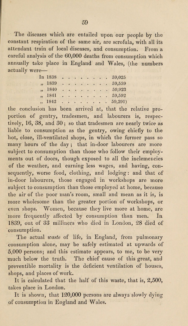 The diseases which are entailed upon our people by the constant respiration of the same air, are scrofula, with all its attendant train of local diseases, and consumption. From a careful analysis of the 60,000 deaths from consumption which annually take place in England and Wales, (the numbers actually were— In 1838 .... . . . . 59,025 1839 .... >» 1840 .... . . . . 59,923 )> 1841 .... . . . . 59,592 1842 . . . . . 59,291) the conclusion has been arrived at, that the relative pro¬ portion of gentry, tradesmen, and labourers is, respec¬ tively, 16, 38, and 30; so that tradesmen are nearly twice as liable to consumption as the gentry, owing chiefly to the hot, close, ill-ventilated shops, in which the former pass so many hours of the day ; that in-door labourers are more subject to consumption than those who follow their employ¬ ments out of doors, though exposed to all the inclemencies of the weather, and earning less wages, and having, con¬ sequently, worse food, clothing, and lodging: and that of in-door labourers, those engaged in workshops are more subject to consumption than those employed at home, because the air of the poor man’s room, small and mean as it is, is more wholesome than the greater portion of workshops, or even shops. Women, because they live more at home, are more frequently affected by consumption than men. In 1839, out of 33 milliners who died in London, 28 died of consumption. The actual waste of life, in England, from pulmonary consumption alone, may be safely estimated at upwards of 5,000 persons; and this estimate appears, to me, to be very much below the truth. The chief cause of this great, and preventible mortality is the deficient ventilation of houses, shops, and places of work. It is calculated that the half of this waste, that is, 2,500, takes place in London. It is shown, that 120,000 persons are always slowly dying of consumption in England and Wales.