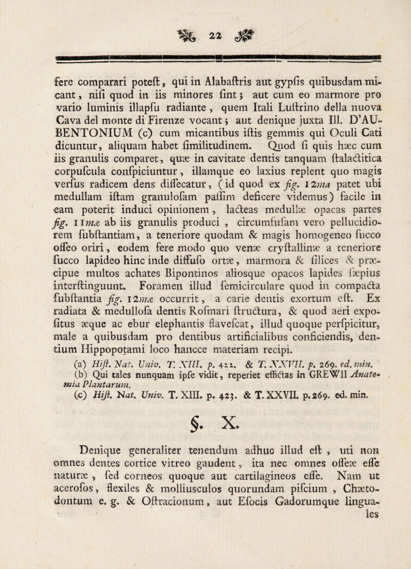 fere comparari poteft, qui in Aiabaftris aut gypfis quibusdam mi¬ cant , nili quod in iis minores fint 5 aut cum eo marmore pro vario luminis illapfu radiante , quem Itali Luitrino della nuova Cava dei monte di Firenze vocant 5 aut denique juxta 111. D’AU~ BENTONIUM (c) cum micantibus illis gemmis qui Oculi Cati dicuntur, aliquam habet fimilitudinem. Quod fi quis hxc cum iis granulis comparet, qure in cavitate dentis tanquam llaladlitica corpufcula confpiciuntur, illam que eo laxius replent quo magis verfus radicem dens diflecatur, (id quod ex fig* 12ma patet ubi medullam illam granulofam paffim deficere videmus) facile in eam poterit induci opinionem , la&eas medullx opacas partes fig. lima ab iis granulis produci , circumfufam vero pellucidio- rem fubllantiam, a teneriore quodam & magis homogeneo fucco olfeo oriri, eodem fere modo quo venae eryllallinae a teneriore fucco lapideo hinc inde diffufo ortae, marmora & filices & prae¬ cipue multos achates Bipontinos aliosque opacos lapides ikpius interllinguunto Foramen illud femicirculare quod in compadla fub lianti a fig. 12 m& occurrit, a carie dentis exortum eft. Ex radiata & medullofa dentis Rofmari llrudtura, & quod aeri expo¬ litus aeque ac ebur elephantis flavefcat, illud quoque perfpicitur, male a quibusdam pro dentibus artificialibus conficiendis, den¬ tium Hippopotami loco hancce materiam recipi. (a) Hift. Nat. Univ. T. NHL p. 411. & T. NA'VII. p. 269. ed.min. (b) Qui tales nunquam ipfe vidit, reperiet effi&as in GREW1I Anate* mia Plantarum. (c) Hift. NaU Univ.. T. XIII. p. 425. & T. XXVIL p.269. ed. min. §. X. Denique generaliter tenendum adhuc illud ell , uti non omnes dentes cortice vitreo gaudent, ita nec omnes olfeae efle naturae 5 fed corneos quoque aut cartilagineos efle. Nam ut acerofos, flexiles & molliusculos quorundam pifcium , Chaeto- dontum e. g. & Ollracionuni, aut Efocis Gadorumque lingua¬ les t