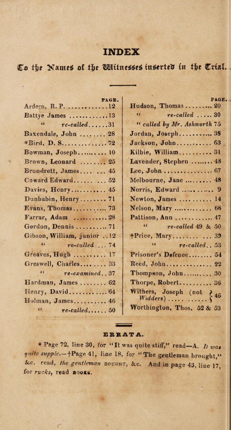 INDEX Co tjf Xanug of tfyt TOttne&seg tn^erietf tit t$t CuaL PAGE. Ardern, R. P....12 Battle James.13 “ re-called,.31 Baxendale, John.28 *Bird, B. S.72 Bowman, Joseph.10 Brown, Leonard .25 Brundrett, James.45 Coward Edward. ... 52 Davies, Henry.45 Bumbabin, Henry... 71 Evans, Thomas.73 Farrar, Adam .28 Gordon, Dennis.71 Gibson, William, junior ..12 “ re-called.... 74 Greaves, Hugh.17 Greswell, Charles.33 (t re-examined.. 37 Hardman, James.62 Henry, David.64 Holman, James.46 u re-called.50 PAGE. Hudson, Thomas.20 “ re-called.30 “ called by Mr. Ashworth 75 Jordan, Joseph.38 Jackson, John. 63 . Kilbie, William.31 Lavender, Stephen .48 Lee, John. 67 Melbourne, Jane.48 Norris, Edward. 9 Newton, James.14 Nelson, Mary.66 Pattison, Ann ..47 “ re-called 49 &, 50 fPrice, Mary.39 re-called.. 53 Prisoner’s Defence.5-4 Iteed, John.22 Thompson, John.30 Thorpe, Robert.36 Withers, Joseph (not ) Widders).p6 Worthington, Thos, 52 & 53 ERRATA* * Page 72, line 30, for “It was quite stiff,” read—A. It was quite supple.-fPage41, line 18, for “The gentleman brought,” &c. read, the gentleman bought, &c. And in page 43, line 17 for rucks, read boojls;.