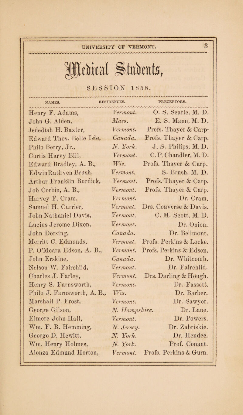 SESSION 1 S 5 8. NAMES. RESIDENCES. PRECEPTORS. Henry F. Adams, Vermont. 0. S. S^leTMTl). John G. Alden, Mass. E. S. Mann, M. D. Jedediah H. Baxter, Vermont. Profs. Thayer & Carp- Edward Thos. Belle Isle, Canada. Profs. Thayer & Carp. Philo Berry, Jr., N. York. J. S. Philips, M.D. Curtis Harvy Bill, Vermont. C.P. Chandler, M.D. Edward Bradley, A. B., Wis. Profs. Thayer & Carp. EdwinRuth ven Brush, Vermont. S. Brush, M. D. Arthur Franklin Burdick, Vermont. Profs. Thayer & Carp. Job Corbin, A. B., Vermont. Profs. Thayer & Carp. Harvey F. Cram, Vermont. Dr. Cram. Samuel H. Currier, Vermont. Drs. Converse & Davis. John Nathaniel Davis, Vermont. C. M. Scott, M. D. Lucius Jerome Dixon, Vermont. Dr. Onion. John Dorsing, Canada. Dr. Bellmont. Merritt C. Edmunds, Vermont. Profs. Perkins & Locke. P. O’Meara Edson, A. B., Vermont. Profs. Perkins & Edson. John Erskine, Canada. Dr. Whitcomb. Nelson W. Fairchild, Vermont. Dr. Fairchild. Charles J. Farley, Vermont. Drs. Darling & Plough. Henry S. Farnsworth, Vermont. Dr. Fassett. Philo J. Farnsworth, A. B., Wis. Dr. Barber. Marshall P. Frost, Vermont. Dr. Sawyer. George Gilson, N. Hampshire. Dr. Lane. Elmore John Hall, Vermont. Dr. Powers. Wm. F. B. Hemming, N. Jersey. Dr. Zabriskie. George D. Hewitt, N. York. Dr. Hendee. Wm. Henry Holmes, N. York. Prof. Conant. Alonzo Edmund Horton, Vermont. Profs. Perkins & Gurn.