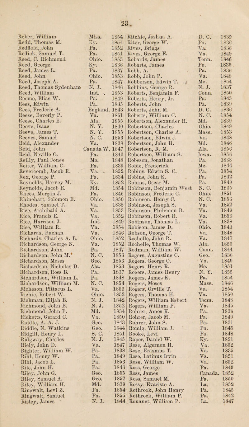 / Reber, William Miss. 2: 1854 5. Ritchie, Josh an A. / D. C. 1839 Redd, Thomas M. Ky. 1854 Riter, George W. Pa. 1836 Redfield, John Pa. 1852 Rives, Briggs Ya. 1836 Redick, Samuel T. Pa. 1851 Rives, George E. Ya. 1849 Reed, C. Richmond Ohio. 1853 Robards, James Tenn. 1846 Reed, George Ky. 1836 Robarts, James Pa. 1835 Reed, James L. Pa. 1837 Robb, A. Pa. 1836 Reed, John Ohio. 1853 Robb, John P. Ya. 1848 Reed, Joseph A. Pa. 1847 Robberson, Edwin T. Robbins, George It. Mo. 1854 Reed, Thomas Sydenham N. J. 1846 N. J. 1837 Reed, William Ind. x 1853 Roberts, Benjamin F. Conn. 1850 Reeme, Elias W. Pa. 1849 Roberts, Henry, Jr. Pa. 1845 Rees, Edwin Pa. 1835 Roberts, John Pa. 1839 Rees, Frederic A. England. 1843 Roberts, John M. D. C. 1836 Reese, Beverly P. Ya. 1851 Roberts, William C. N. C. 1854 Reese, Charles E. Ala. 1855 Robertson, Alexander H. Md. 1839' Reeve, Isaac N. Y. 1840 Robertson, Charles Ohio. 1849 Reeve, James T. N. Y. 1855 Robertson, Charles iV. Mass. 1853 Reeves, Samuel N. C. 1856 Robertson, Edwin J. Robertson, John H. Ya. 1848 Reid, Alexander Ya. 1838 Md. 1846 Reid, John Canada W. 1847 Robertson, R. M. Robertson, William S. Ala. 1856 Reid, Neville C. Pa. 1840 Iowa. 1856 Reilly, Paul Jones Mo. 1848 Robeson, Jonathan Pa. 1838 Reiter, William C. Pa. 1839 Robie, Frederick Me. 1844 Revercomb, Jacob R. Ya. . 1852 Robins, Edwin S. C. Pa. 1854 Rex, George P. Pa. 1834 Robins, John K. Pa. 1842 Reynolds, Harvey M. Ky. 1852 Robins, Oscar M. Pa. 1849 Reynolds, Jacob E. Md. 1854 Robinson, Benjamin West N. C. 1835 Rhees, Morgan J. Pa. 1846 Robinson, Frederic C. Ohio. 1851 Rhinehart, Solomon E. Ohio. 1850 Robinson, Henry C. N. C. 1856 Rhodes, Samuel T. Va. 1838 Robinson, Joseph S. Va. 1852 Rice, Archibald A. Va. 1853 Robinson, Philemon B. Ya. 1849 Rice, Francis E. Va. 1852 Robinson, Robert R. Ya. 1853 Rice, Harrison J. Ind. 1849 Robinson, Thomas L. Robison, James D. Va. 1838 Rice, William R. Va. 1854 Ohio. 1843 Richards, Buchan Va. 1846 Robson, George T. Va. 1848 Richards, Charles A. L. Ohio. 1852 Rochelle, John R. Va. 1847 Richardson, George N. Ya. 1852 Rochelle, Thomas W. Ala. 1853 Richardson, John Pa. 1847 Rodman, William W. Conn. 1844 Richardson, John MR Richardson, Moses N. C. 1856 Rogers, Augustine C. Geo. 1836 Geo. 1856 Rogers, George 0. • Va. 1849 Richardson, Nicholas D. Ala. 1853 Rogers, Henry R. Me. 1851 Richardson, Ross B. Pa. 1837 Rogers, James Henry N. Y. 1855 Richardson, William L. Pa. 1848 Rogers, James K. Pa. 1854 Richardson, William M. N. C. 1854 Rogers, Moses Mass. 1846 Richeson, Pittacus L. Ya. 1853 Rogers', Orville T. Va. 1854 Richie, Robert W. Ohio. 1852 Rogers, Thomas H. Ya. 1850 Richman, Elijah B. N. J. 1842 Rogers, William Egbert Rogers, William P. Tenn. 1848 Richmond, John B. N. J. 1852 Va. 1845 Richmond, John P. Md. 1834 Rolirer, Amos K. Pa. 1836 Ricketts, Gerard C. Va. 1850 Rolirer, Jacob M. Pa. 1849 Riddle, A. A. J. Geo. 1843 Rohrer, John S. Pa. 1831 Riddle, N. Watkins Ridgill, Henry L. Geo. 1844 Romig, William J. Pa. 1845 S. C. 1851 Rooke, Levi Roper, Daniel W. Pa. 1848 Ridgway, Charles N. J. 1845 Ky. 1851 Riely, John D. Va. 1847 Rose, Algernon 11. Ya. 1852 Righter, William W. Pa. 1838 Rose, Erasmus T. Ya. 1835 Rihl, Henry W. Pa. 1849 Rose, Latinus Irvin Rose, William W. Ya. 1851 Rihl, Jacob L. Pa. 1856 Va. 1852 Rile, John II. Pa. 1846 Ross, George Pa. 1849 Riley, John G. Geo. 1855 Ross, James Canada. 1852 Riley, Samuel A. Geo. 1852 Ross, Samuel M. Pa. 1850 Riley, William H. Md. 1839 Rossy, Evariste A. La. 1852 Ringwalt, Levi Z. Pa. 1854 Rothrock, John Henry Pa. 1845 Ringwalt, Samuel Pa. 1855 Rothrock, William P. Pa. 1842