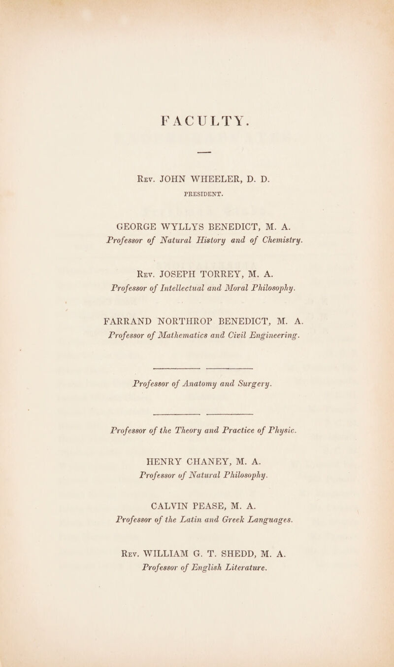 F A C U L T Y. Rev. JOHN WHEELER, D. D. PRESIDENT. GEORGE WYLLYS BENEDICT, M. A. Professor of Natural History and of Chemistry. Rev. JOSEPH TORREY, M. A. Professor of Intellectual and Moral Philosophy. FARRAND NORTHROP BENEDICT, M. A. Professor of Mathematics and Civil Engineering. Professor of Anatomy and Surgery. Professor of the Theory and Practice of Physic. HENRY CHANEY, M. A. Professor of Natural Philosophy. CALVIN PEASE, M. A. Professor of the Latin and Greek Languages. Rev. WILLIAM G. T. SHEDD, M. A. Professor of English Literature.