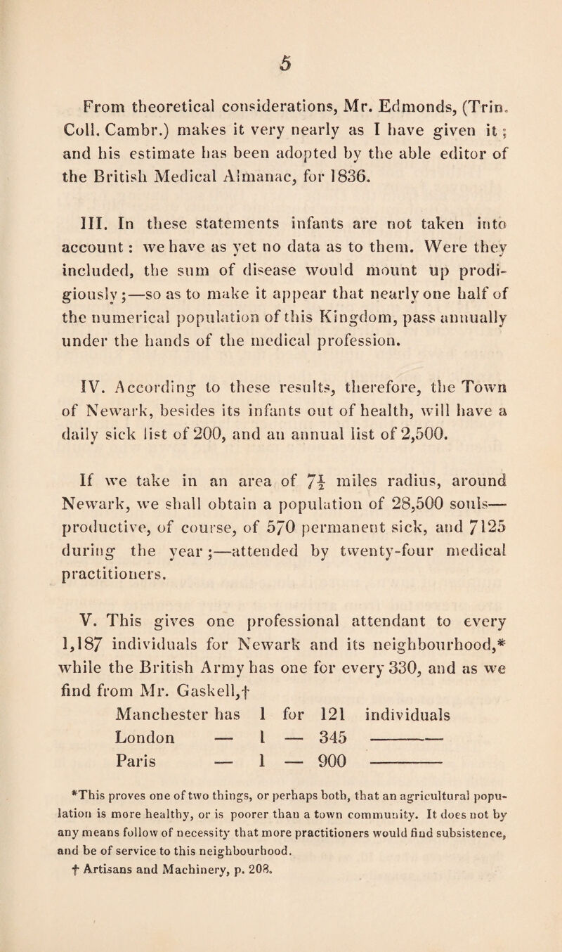 From theoretical considerations, Mr. Edmonds, (Trim Coll. Cambr.) makes it very nearly as I have given it; and his estimate has been adopted by the able editor of the British Medical Almanac, for 1836. III. In these statements infants are not taken into account: we have as yet no data as to them. Were they included, the sum of disease would mount up prodi¬ giously;—so as to make it appear that nearly one half of the numerical population of this Kingdom, pass annually under the hands of the medical profession. IV. According to these results, therefore, the Town of Newark, besides its infants out of health, will have a daily sick list of 200, and an annual list of 2,500. If we take in an area of /i miles radius, around Newark, we shall obtain a population of 28,500 souls—- productive, of course, of 570 permanent sick, and 7125 during the year;—attended by twenty-four medical practitioners. V. This gives one professional attendant to every 1,187 individuals for Newark and its neighbourhood,* while the British Army has one for every 330, and as we find from Mr. Gaskell,f Manchester has 1 for 121 individuals London — 1 — 345 -—-— Paris — 1 900 -— *This proves one of two things, or perhaps both, that an agricultural popu¬ lation is more healthy, or is poorer than a town community. It does not by any means follow of necessity that more practitioners would find subsistence, and be of service to this neighbourhood, f Artisans and Machinery, p. 203.