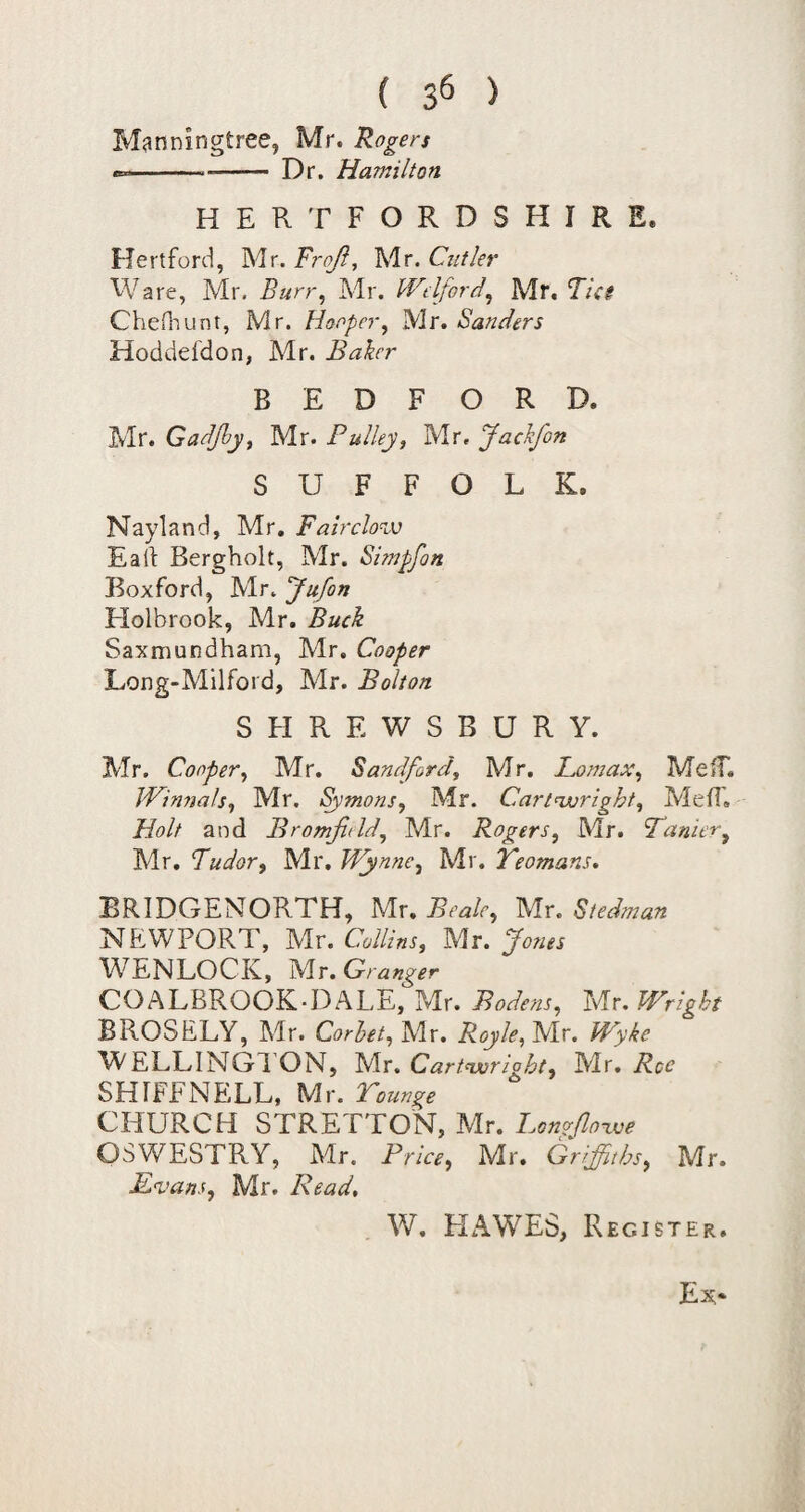 ( 3^ ) Manningtree, Mr. Rogers --- Dr. Hamilton HERTFORDSHIRE. Hertford, Mr. Frojl, Mr. Cutler Ware, Mr. Burr, Mr. IVelford, Mr, CheHiunt, Mr. Hooper, Mr. Sanders Hoddefdon, Mr. Baker BEDFORD. Mr. Gadjhy, Mr. Pulley, Mr, Jackfon SUFFOLK, Nayland, Mr, Fairclovj Ead Bergholt, Mr. Simpfon Boxford, Mr. Jufon Holbrook, Mr. Buck Saxmundham, Mr, Cooper Long-Milford, Mr. Bolton S FI R E W S B U R Y. Mr. Cooper, Mr, Sandford, Mr. Lomax, MciF. ILinnals, Mr. Symons, Mr. Cartuoright, MefI, Holt and Bromjield, Mr. Rogers, Mr. Lanier, Mr, Ludor, Mr, Wynne, Mr, Yeomans, ERIDGENORTH, Mr. Beale, Mr. Stedman NEWPORT, Mr. Collins, Mr. Jones WENLOCK, Mr,Granger COALBROOK-DALE, Mr. Bode7is, Mr, Wright BROSELY, Mr. Corhet, Mr. Royle, Mr. Wyke WELLINGl'ON, Cartnjoright, Mr. SHIFFNELL, Mr. Younge CHURCH STRETTON, Mr. Lon^floxve OSWESTRY, Mr. Price, Mr. Griffiths, Mr. Levans, Mr. Read, W. HAWES, Register.