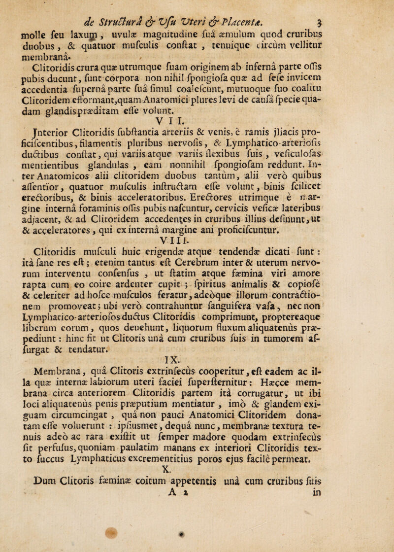 molle fleu laxugi, uvula? magnitudine fu a imulum quod cruribus duobus, & quatuor mufculis confiat , tenuique circum vellitur membrana» * ClitoridiscruraqusEUtrumque fuam originemab inferna parte offis pubis ducunt, funt corpora non nihil fpongiofa qua? ad fefe invicem accedentia fuperna parte fuafimul coalefcunt, mutuoque fuo coalitu Clitoridem efformant,quam Anatomici plureslevi de caufa fpecie qua¬ dam glandisprseditam effe volunt. V 1 L Jnterior Clitoridis fubfiantia arteriis & venis, e ramis jliacis pro- ficifcentibus, filamentis pluribus nervofis, Sc Lymphatico-arteriolis dudibus confiat, qui variis atque variis Hexibus fuis , veficulofas mentientibus glandulas , eam nonnihil fpongiofam reddunt. In¬ ter Anatomicos alii clitoridem duobus tantum, alii vero quibus alfentior, quatuor mufculis inftrudam effe volunt, binis fcilicet eredoribus, & binis acceleratoribus. Eredores utrimque e n ar- gine interna foraminis offis pubis nafcuntur, cervicis vefica? lateribus adjacent, & ad Clitoridem accedentes in cruribus illius delinunt,ut & acceieratores, qui ex interna margine ani proficifcuntur. VII]. Clitoridis mufculi huic erigenda? atque tendenda? dicati funt: ita fane res eft; etenim tantus eft Cerebrum inter & uterum nervo¬ rum interventu confenfus , ut ftatim atque fa?mina viri amore rapta cum eo coire ardenter cupit ; fpiritus animalis & copiofe & celeriter ad hofce mufculos feratur, adeoque illorum contradio- nem promoveat $ ubi vero contrahuntur fanguifera vafa, nec non Lymphatico-arteriofos dudus Clitoridis comprimunt, proptereaque liberum eorum, quos deuehunt, liquorum fluxum aliquatenus prae¬ pediunt : hinc fit ut Clitoris una cum cruribus fuis in tumorem af- furgat & tendatur. IX. Membrana, qua Clitoris extrinfecus cooperitur,eft eadem ac il¬ la qua? interna? labiorum uteri faciei fuperfternitur: Ha?cce mem¬ brana circa anteriorem Clitoridis partem ita corrugatur, ut ibi loci aliquatenus penis pra?putium mentiatur , imb & glandem exi¬ guam circumcingat , qua non pauci Anatomici Clitoridem dona¬ tam effe voluerunt : ipfiusmet, dequa nunc, membrana? textura te¬ nuis adeo ac rara exiftit ut femper madore quodam extrinfecus fit perfufus, quoniam paulatim manans ex interiori Clitoridis tex¬ to fuccus Lymphaticus excrementitius poros ejus facile permeat. X. Dum Clitoris fa?mina? coitum appetentis unii cum cruribus fuis A z in