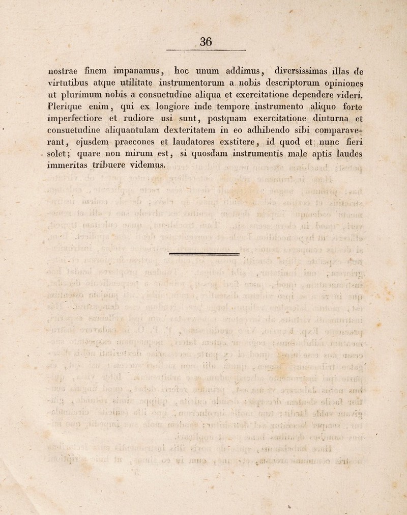 nostrae finem impanamusj hoc iinum addimus, diversissimas illas de virtutibus atque utilitate instrumentorum a nobis descriptorum opiniones ut plurimum nobis a consuetudine aliqua et exercitatione dependere videri. Plerique enim, qui ex longiore inde tempore instrumento aliquo forte imperfectiore et rudiore usi sunt, postquam exercitatione diuturna et consuetudine aliquantulam dexteritatem in eo adhibendo sibi comparave¬ rant, ejusdem praecones et laudatores exstitere, id quod et nunc fieri solet; quare non mirum est, si quosdam instrumentis male aptis laudes immeritas tril)uere videmus.