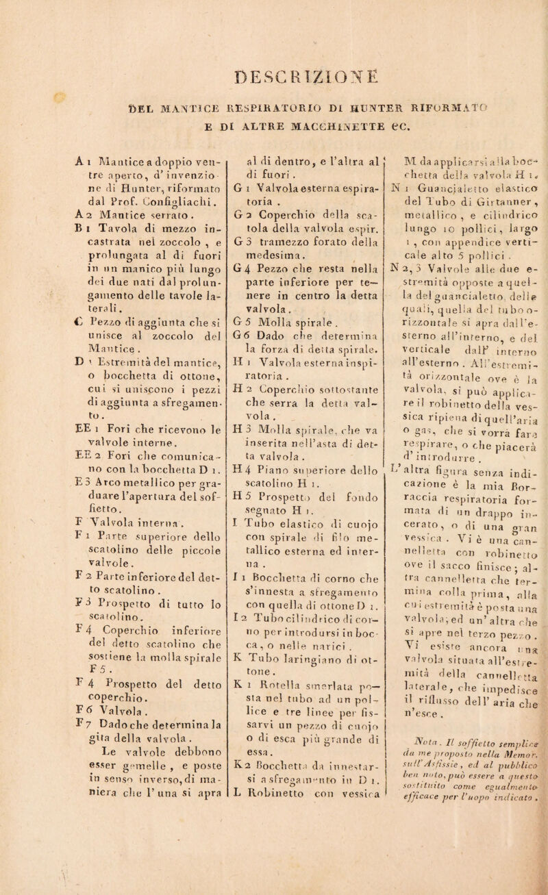 DESCRIZIONE 1>EL MANTICE RESPIRATORIO DI HUNTER RIFORMATO E DI ALTRE MACCHINETTE ec. Ai Mantice a doppio ven¬ tre aperto, d’invenzio ne di Hunter, riformato dal Prof. Confìgliachi. A2 Mantice serrato. B i Tavola di mezzo in¬ castrata nel zoccolo , e prolungata al di fuori in un manico più lungo dei due nati dal prolun¬ gamento delle tavole la¬ terali . C Pezzo di aggiunta clie si unisce al zoccolo del Mantice . D \ Estremità del mantice, o bocchetta di ottone, cui si uniscono i pezzi di aggiunta a sfregamen¬ to . EE 1 Fori che ricevono le valvole interne. EE 2 Fori che comunica - no con la bocchetta D ì. E 3 Arco metallico per gra¬ duare l’apertura del sof¬ fietto . E Valvola interna. F ì Parte superiore dello scatolino delle piccole valvole. F 2 Parte inferiore del det¬ to scatolino . F 3 Prospetto di tutto io sca tol ino. f 4 Coperchio inferiore del detto scatolino che sostiene la molla spirale F5 . P 4 Prospetto del detto coperchio. F 6 Valvola . ^7 Dado che determina la gita della valvola . Ee valvole debbono esser gemelle , e poste tu senso inversori ma¬ niera che 1’ una si apra al di dentro, e l’altra al di fuori . Gì Valvola esterna espira¬ toria . G 3 Coperchio della sca¬ tola della valvola espir. G 3 tramezzo forato della medesima. G4 Pezzo che resta nella parte inferiore per te¬ nere in centro la detta valvola. G 5 Molla spirale . G6 Dado ebe determina la forza di detta spirale. Hi Valvola esterna inspi- ratoria . H 2 Coperchio sottostante che serra la detta val¬ vola . H 3 Molla spirale, che va inserita nell’asta di det¬ ta valvola . H4 Piano superiore dello scatolino H 1. H5 Prospetto del fondo segnato H 1. I Tubo elastico di cuojo con spirale di filo me¬ tallico esterna ed inter¬ na . I x Bocchetta di corno che s’innesta a sfregamento con quella di ottone D 1. I2 Tubo cilindrico di cor¬ no per introd ursi in boc¬ ca , o nelle narici . K Tubo laringiano di ot¬ tone . K 1 Rotella smerlata po— sta nel tubo ad un pol¬ lice e tre linee pei fis¬ sarvi un pezzo di cuojo o di esca più grande di essa. K.2 Bocchetta da innestar¬ si a sfrega marito in Di. L Rubinetto con vessica M da applicarsi alla boc¬ chetta della valvola H 1 « N 1 Guancialetto elastico del Tubo di Girtanner, metallico , e cilindrico lungo 10 pollici, largo 1 , con appendice verti¬ cale alto 5 poliici . N 2, 3 Valvole alte due e- stremità opposte a quel ¬ la del guancialetto, delle quali, quella del tuboo- rizzotnale si apra dall’e¬ sterno all’interno, e del verticale dalP interno all’esterno. All'estremi¬ tà orizzontale ove è la valvola, si può applica¬ re il robinetto della ves¬ sica ripiena di quell’aria 0 §ass che si vorrà fare respirare, o che piacerà d’introdurre . P altra figura senza indi¬ cazione è la mia Bor¬ raccia respiratoria for¬ mata di un drappo in¬ cerato, o di una orari vessica . Vi è una can- nelìetta con robinetto ove il sacco finisce; al¬ tra cannelletta che ter¬ mina colla prima, alfa r u i estreniit» è posta ;ina valvola; ed un’ altra che st apre nel terzo pezzo . Vi esiste ancora rna valvola situata all’estre¬ mità della cannelletta laterale, che impedisce il, riflusso dell’ aria che n’esce . Nota . fi soffietto semplice da me proposto nella Metnof. su II Asfissie, ed al pubblico ben noto, può essere a questo sostituito come egualmente* efficace per l'uopo indicato .