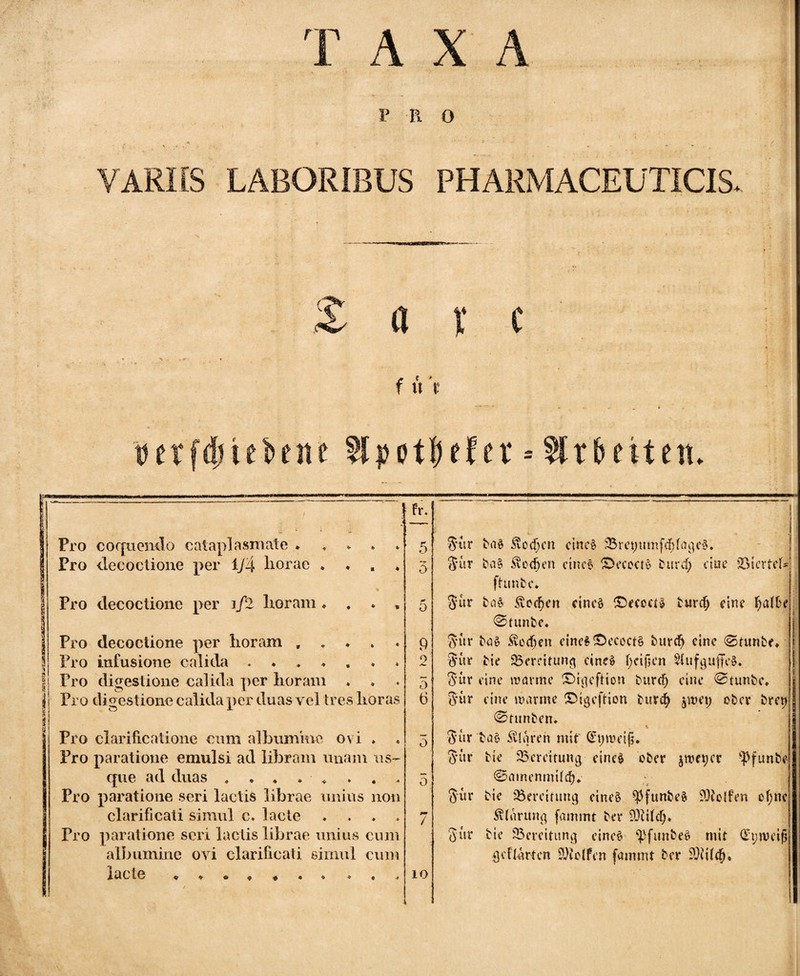 P R O *i . ' V « • .. ' ;* • '• * * - e V ARI IS LABORIBUS PHARMACEUTICIS. Sare fc * u t »etfdnebene otf)efer = Arbeiten. Pro coquendo cataplasmate * * * ♦ Pro decoctione per 1/4 Itorae * ♦ B ♦ % Pro decoctione per j/2 lior ani ♦ * * , Pro decoctione per lior am , * ♦ * Pro infusione calida Pro digestione calida per horam * Pro digestione calida per duas vel tres libras Pro clarificatione cum albumine ovi . * Pro paratione emulsi ad libram unam us¬ que ad duas *•.*-**** Pro paratione seri lactis librae unius non clarificati simul c. lacte ♦ Pro paratione seri lactis librae unius cum albumine ovi clarificati simul cum lacte «*««««* * « « Fr* 5 5 9 2 5 6 o io %iiv bu$ Svocfjen eines SBretjttmfdfjfageS. ®ur ba§ .vvccf)cn eines S>eccct£ burd; eine 33icrfet* ftirnte* Sur bas Steeden cine£ £)ecoct$ twrc§ eine fjatbe 0tunbe. Sur ba§ bedien eines £ecoct£ burrfj eine @tunbe* Sur Me 35ereitune| eine» Reißen ^Cufguffc§* Sur eine warme £>icjefHon burc!) eine 0tunbc* Sur eine warme £%eftion turdf) pretj ober brep 0tunben* Sur tas klaren mit C^rpmeifi* Sur Me Bereitung cine£ ober preper ^funbe ©amenmitdj* Sur bie Bereitung eines? ^funbeS Rolfen cf;ne Svtorunq fammt ber Sur bie ^Bereitung einei? *Pfunbe6 mit (Epweiß flef[arten SUtolfen fammt ber 9Ri[$*