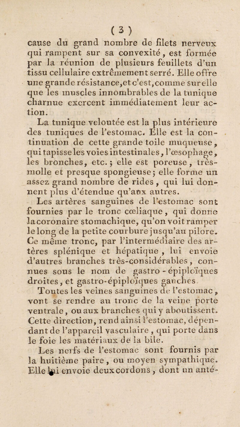 cause do grand nombre de filets nerveux qui rampent sur sa convexité, est formée par la réunion de plusieurs feuillets d’un tissu cellulaire extrêmement serré. Elle offre une grande résistance,et c’est,comme sur elle que les muscles innombrables de la tunique charnue exercent immédiatement leur ac¬ tion. La tunique veloutée est la plus intérieure des tuniques de l’estomac- Elle est la con» tinuation de cette grande toile muqueuse , qui tapisseles voies intestinales, l’œsophage, les bronches, etc.; elle est poreuse, très- molle et presque spongieuse; elle forme un assez grand nombre de rides , qui lui don¬ nent plus d’étendue qu’aux autres. Les artères sanguines de l’estomac sont fournies par le tronc cœliaque, qui donne lacoronaire stomachique, qu’on voit ramper le long de la petite courbure jusqu’au pilore. Ce même tronc, par l’intermédiaire des ar¬ tères splénique et hépatique , lui envoie d’autres branches très-considérables, con¬ nues sous le nom de gastro-épiploïques droites, et gastro-épiploïques gauches Toutes les veines sanguines de l’estomac ? vont se rendre au tronc de la veine porte ventrale, ou aux branches qui y aboutissent» Cette direction, rend ainsi l’estomac, dépen¬ dant de l’appareil vasculaire , qui porte dans le foie les matériaux de la bile. Les nerfs de l’estomac sont fournis par la huitième paire, ou moyen sympathique» Elleléd envoie deux cordons , dont un ante-