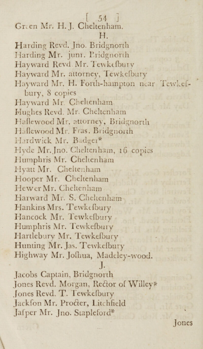 Gr.cn Mr. H.J. Cheltenham. H. Harding Revel. Jno. Bridgnorth Harding Mr. junr. Bridgnorth Hayward Revd Mr. Tewkefbury Hayward Mr. attorney, Tewkefbury Hayward Mr. H. Forth-hampton near Tewkef- bury, 8 copies Hayward Mr Cheltenham Hughes Revd. Mr. Cheltenham Hafiewood Mr. attorney, Bridgnorth HaflewoodMr. Fras. Bridgnorth Hardwick Mr. Badger* Hvde Mr. Jno. Cheltenham, iG copies llumphris Mr. Cheltenham Hyatt Mr. Cheltenham Hooper Mr. Cheltenham Hewer Mr. Cheltenham Harward Mr. S. Cheltenham Hankins Mrs. Tewkefbury Hancock Mr. Tewkefbury Humphris Mr. Tewkefbury Ilartlebury Mr. Tewkefbury Hunting Mr. Jas. Tewkefbury Highway Mr. Jofliua, Madeley-wood. J. Jacobs Captain, Bridgnorth Jones Revd. Morgan, Iledlor of Willey55* Jones Revd. T. 1 ewkefbury Jackfon Mr. Procter, Litchfield Jafper Mr. Jno. Staple ford* \ Jones