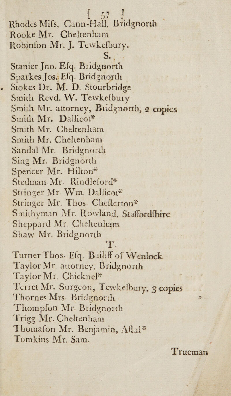 Rhodes Mifs, Cann-Hail, Bridgnorth Rooke Mr. Cheltenham Robinfon Mr. J. Tewkelbury. S. Stanier Jno. Efq. Bridgnorth Sparkes Jos. Efq. Bridgnorth Stokes Dr. M. D Stourbridge Smith Revd, W. Tewkefbury Smith Mr. attorney, Bridgnorth, 2 copies Smith Mr. Dallicot* Smith Mr. Cheltenham Smith Mr. Cheltenham Sandal Mr. Bridgnorth Sing Mr. Bridgnorth Spencer Mr. Hilton* Stedman Mr. Rindleford* Stringer Mr Wm. Dallicoc* Stringer Mr. Thos. Chefterton* Smithyman Mr. Rowland, Staffordfhire Sheppard Mr Cheltenham Shaw Mr. Bridgnorth T. Turner Thos. Efq. Bailiff of Weniock Taylor Mr attorney, Bridgnorth Taylor Mr. Chicknel* Terret Mr. Surgeon, Tewkefbuiy, 5 copies Thornes Mrs- Bridgnorth * Thompfon Mr. Bridgnorth Trigg Mr. Cheltenham Ihomafon Mr. Benjamin, Aftal* Tomkins Mr. Sam. Trueman