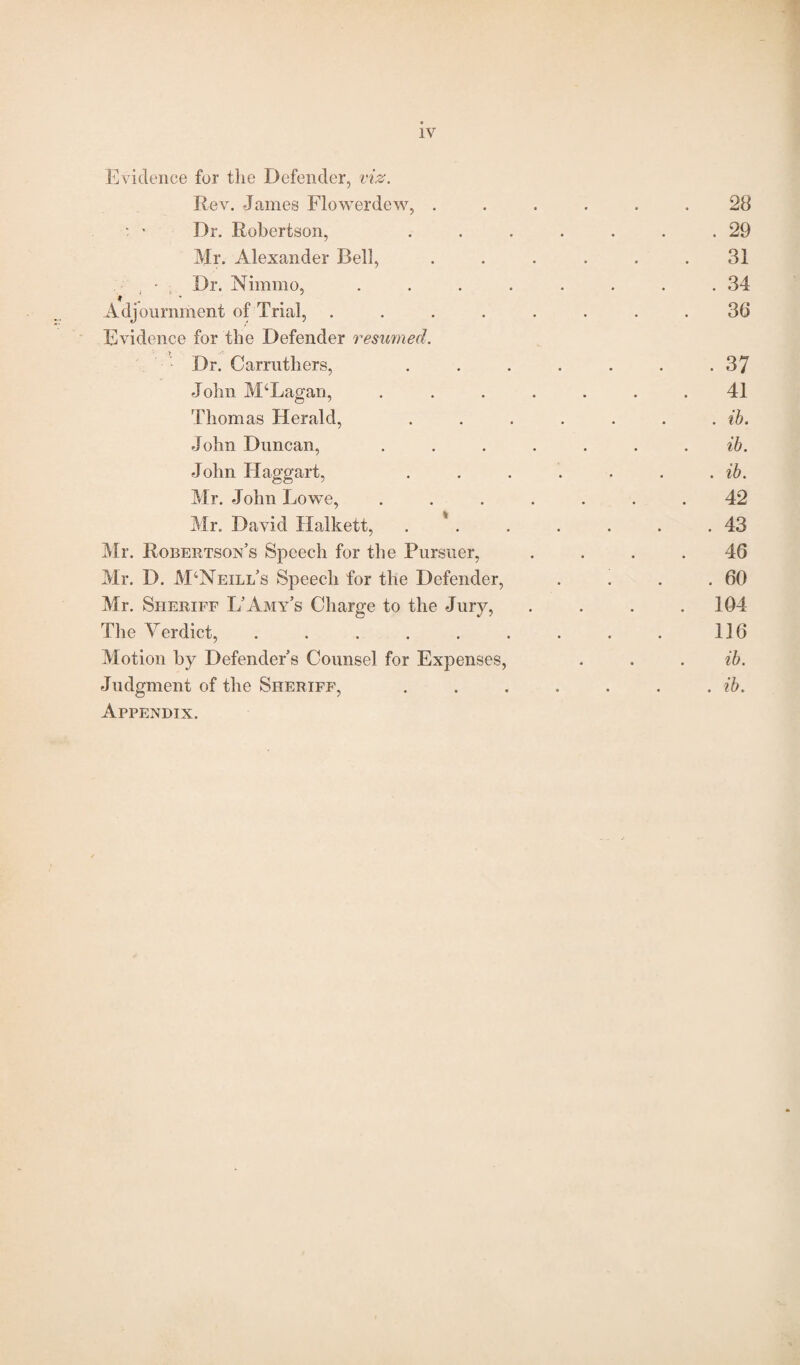 Evidence for the Defender, viz. Rev. James Flowerdew, ...... 28 ■ • Dr. Robertson, . . . . . . .29 Mr. Alexander Bell, ...... 31 , - ; Dr. Nimmo, . . . . . . . .34 * ml ¥ Adjournment of Trial, ........ 36 Evidence for the Defender resumed. Dr. Carrutliers, . . . . . . .37 John M‘Lagan, ....... 41 Thomas Herald, . . . . . . . ib. John Duncan, ....... ib. John Haggart, . . . . . . . ib. Mr. John Lowe, ....... 42 Mr. David Halkett, . . . . . .43 Mr. Robertson’s Speech for the Pursuer, .... 46 Mr. D. M‘Neill’s Speech for the Defender, . . . .60 Mr. Sheriff L’Amy’s Charge to the Jury, .... 104 The Verdict, . . . . . . . . . 116 Motion by Defender’s Counsel for Expenses, . . . ib. Judgment of the Sheriff, . . . . . . . ib. Appendix.