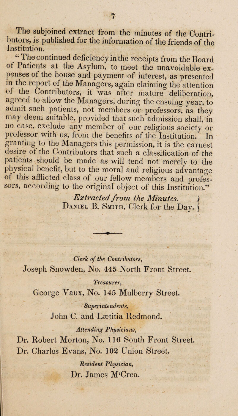 The subjoined extract from the minutes of the Contri¬ butors, is published for the information of the friends of the Institution. “ The continued deficiency in the receipts from the Board of Patients at the Asylum, to meet the unavoidable ex¬ penses of the house and payment of interest, as presented in the report of the Managers, again claiming the attention of the Contributors, it was after mature deliberation, agreed to allow the Managers, during the ensuing year, to admit such patients, not members or professors, as they may deem suitable, provided that such admission shall, in no case, exclude any member of our religious society or professor with us, from the benefits of the Institution. In granting to the Managers this permission, it is the earnest desire of the Contributors that such a classification of the patients should be made as will tend not merely to the physical benefit, but to the moral and religious advantage of this afflicted class of our fellow members and profes¬ sors, according to the original object of this Institution.” Extracted from the Minutes. ) Daniel B. Smith, Clerk for the Day. \ Cleric of the Contributors, Joseph Snowden, No. 445 North Front Street. Treasurer, George Vaux, No. 145 Mulberry Street. Superintendents, John C. and Lsetitia Redmond. Attending Physicians, Dr. Robert Morton, No. 116 South Front Street. Dr. Charles Evans, No. 102 Union Street. Resident Physician, Dr. James M‘Crea.