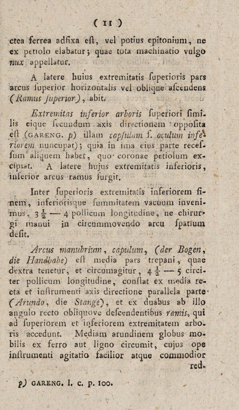 ctea ferrea sdfixa eft, vel potius epitonium, ne ex petiolo elabatur', quae tota machinatio vulgo nux appellatur. A latere huius extremitatis fupenoris pars arcus iuperior horizontajis vel oblique afctridens (Ramus jupenor), abit* Extremitas inferior arboris fuperiori fimi, lis eique lecuudum axis directionem oppofita efi (gareng. p) illam capfuiam i. oculum infe- riorem nuncupat); quia in ima eius parte recef- fum' aliquem habet, quo' coronae petiolum ex- cipiat. A latere hujus extremitatis inferioris, inferior arcus ramus iurgit. Inter fuperioris extremitatis inferiorem fi¬ nem, in ferioris que fummitatern vacuum inveni¬ mus, 3 — 4 pollicum longitudine, ne chirur¬ gi manui in circummovendo arcu fpatium defit. Arcus manubrium, capulum 5 (der Rogen, die Hanihahe) efi media pars trepaai, quae dextra tenetur, et circumagitur, 4 f- —■ 5 circi¬ ter pollicum longitudine, confiat ex media re¬ cta et infirunieoti axis directione parallela parte* (Arundo, die St'ange'), et ex duabus ab illo angulo recto obliquove defeendentibus ramis, qui ad fu per i orem et inferiorem extremitatem arbo¬ ris accedunt. Mediam arundinem globus mo¬ bilis ex ferro aut ligno circumit, cujus ope infirumenti agitatio facilior atque commodior red \ \ GARENG* 1. C. p. IOO. O