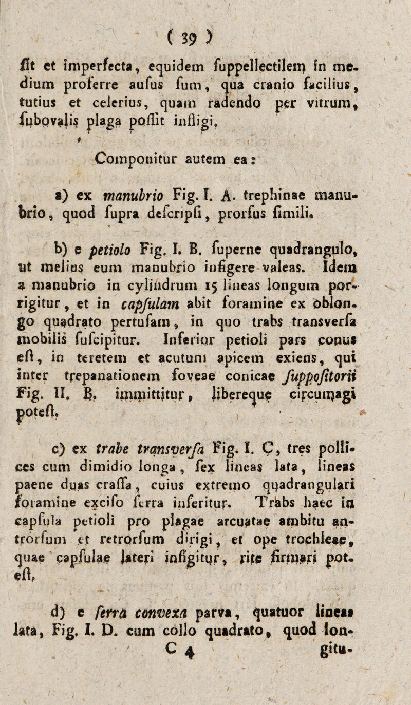 fit et imperfecta, equidem fuppellectilem In me. dium proferre aufus fum, qua cranio facilius, tutius et celerius, quam radendo per vitrum, fubovali$ plaga poflit infligi, * i Componitur autem ea: a) ex manubrio Fig. I. A- trephinae manu¬ brio , quod fupra defcripfi, prorfus fimilu * b) e petiolo Fig. I. B. fupeme quadrangulo, ut melius eum manubrio infigere valeas. Idem a manubrio in cylindrum 15 lineas longum por¬ rigitur , et in capfulam abit foramine ex oblon¬ go quadrato pertufam, in quo trabs transverfa mobilis fufcipitur. Inferior petioli pars conus eft, in teretem et acutum apicem exiens, qui inter trepanationem foveae conicae fuppofitorii Fig. II. g. immittitur, Jjbereque cijrcuixjagi potefb c) ex trabe transverfa Fig. I. C, tres polli¬ ces cum dimidio longa, fex lineas lata, lineas paene dqas crafia, cuius extremo quadrangulari foramine excifo ltFra inferittif. Trlabs haec in capfula petioli pro plagae arcuatae ambitu an- trorfum et retrorfum dirigi, et ope trochleae, quae capfulae lateri jnfigitqr, rite pot. d) e ferra convexa parva, quatuor linea» lata, Fig. I. D. cum collo quadrato, quod ion* C 4 gitu.