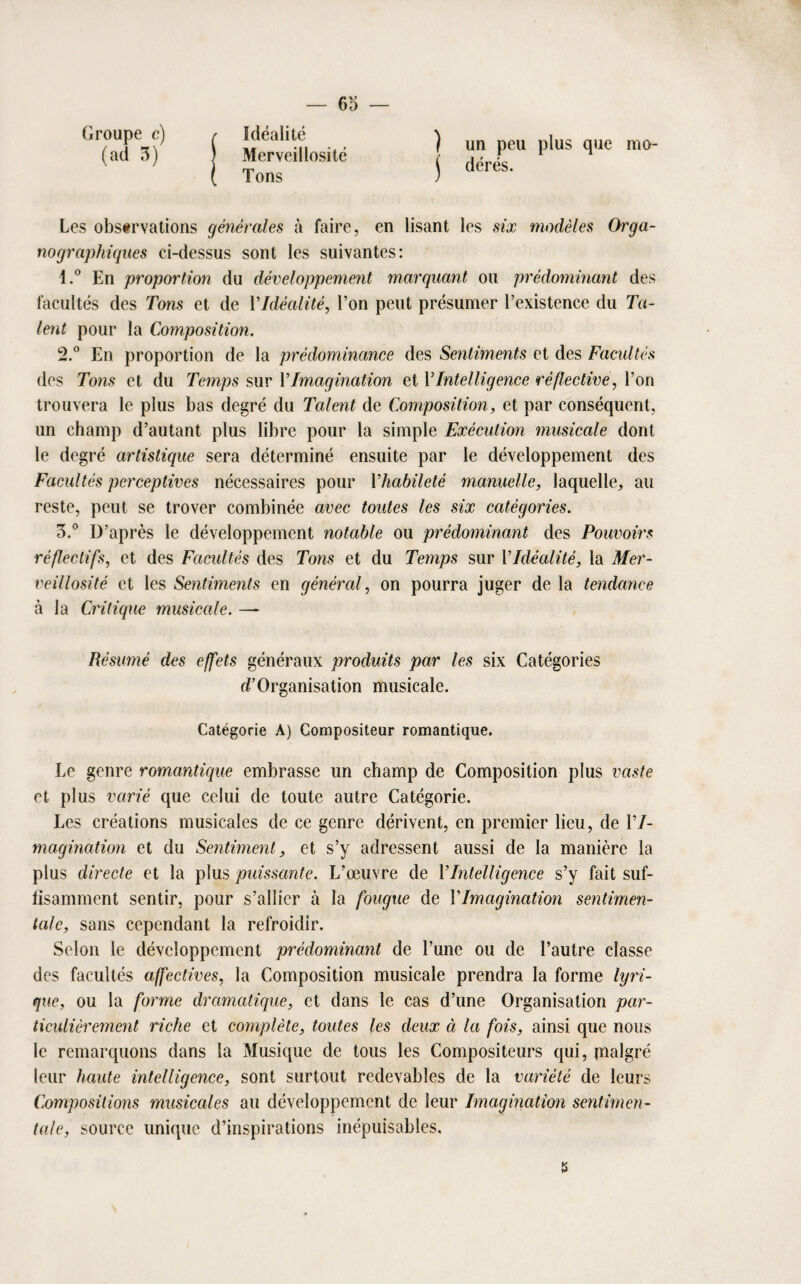 ) un peu plus que mo- j dérés. Les obstrvations générales à faire, en lisant les six modèles Orga- nographiques ci-dessus sont les suivantes: 1. ° En proportion du développement marquant ou prédominant des facultés des Tons et de YIdéalité, l’on peut présumer l’existence du Ta¬ lent pour la Composition. 2. ° En proportion de la prédominance des Sentiments et des Facultés des Tons et du Temps sur Y Imagination et Y Intelligence rêflective, l’on trouvera le plus bas degré du Talent de Composition, et par conséquent, un champ d’autant plus libre pour la simple Exécution musicale dont le degré artistique sera déterminé ensuite par le développement des Facultés perceptives nécessaires pour Y habileté manuelle, laquelle, au reste, peut se trover combinée avec toutes les six catégories. 5.° D’après le développement notable ou prédominant des Pouvoirs réflectifs, et des Facultés des Tons et du Temps sur Y Idéalité, la Mer- veillosité et les Sentiments en général, on pourra juger de la tendance à la Critique musicale. — Résumé des effets généraux produits par les six Catégories d’Organisation musicale. Catégorie A) Compositeur romantique. Le genre romantique embrasse un champ de Composition plus vaste et plus varié que celui de toute autre Catégorie. Les créations musicales de ce genre dérivent, en premier lieu, de YI- magination et du Sentiment, et s’y adressent aussi de la manière la plus directe et la plus puissante. L’œuvre de Y Intelligence s’y fait suf- lisamment sentir, pour s’allier à la fougue de Y Imagination sentimen¬ tale, sans cependant la refroidir. Selon le développement prédominant de l’une ou de l’autre classe des facultés affectives, la Composition musicale prendra la forme lyri¬ que, ou la forme dramatique, et dans le cas d’une Organisation par¬ ticulièrement riche et complète, toutes les deux èi la fois, ainsi que nous le remarquons dans la Musique de tous les Compositeurs qui, jnalgré leur haute intelligence, sont surtout redevables de la variété de leurs Compositions musicales au développement de leur Imagination sentimen¬ tale, source unique d’inspirations inépuisables. Groupe c) r Idéalité (ad 5) ] Merveillosité ( Tons