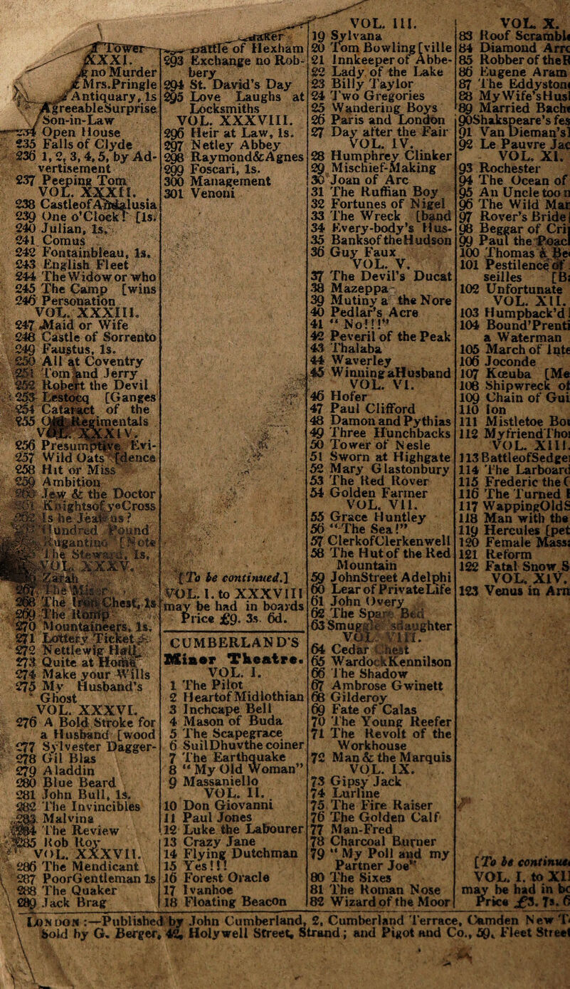 o XXJ. no Murder Mrs.Pringle . Antiquary, Is _reeableSurprise Son-in-Law Open House £35 Falls of Clyde 236 1, 2, 3,4.5, by Ad¬ vertisement 237 Peeping Tom vot. xxxh. 238 CastleofAftdalusia 239 One o’Clock! [Is. 240 Julian, Is. 241 Comus 242 Fontainbleau, Is. 243 English Fleet 244 TheWidowor who 245 The Camp [wins 246 Personation VOT. XXXIII. 247 -Maid or Wife 248 Castle of Sorrento 24Q Faustus, Is. £50 All at Coventry 251 I'omknd .Jerry 252 Robert the Devil 2^3 Lestocq [Ganges 254 Cataract of the 255 eiTinval s 256 Presumptive Evi- 257 Wild Oats [dence 258 Hit or Miss 25p Ambition 200 .Tew & the Doctor ;K5l KnightsofyeCross 202 is he Jeafc us ? Hundred . Pound' Hugantiuo  [ .V of* 1 he Stewara, Is, ou xxxv. P-^ xjaftTe of Hexham 203 Exchange no Rob¬ bery 294 St. David’s Day 295 Love Laughs at Locksmiths VOL. XXXVIII. 296 Heir at Law, Is. 297 Netley Abbey 298 Raymond&Agnes 299 Foscari, Is. 300 Management 301 Venoni best. Is he £70 Mountaineers, Is. 271 Lottery Ticket#: 272 Nettle wig Hall 273 Quite at Home 274 Make your Wills 275 Mv Husband’s 1 Ghost VOL. XXXVI. 276 A Bold Stroke for a Husband [wood 277 Sylvester Dagger- 278 Gil Bias 279 Aladdin 280 Blue Beard 281 John Bull, Is. 282 The Invincibles Malvina The Review Hob Roy VOL. XXXV11. 286 The Mendicant t 287 PoorGentleman Is V 288 The Quaker ^ £89 Jack Brag >w {To be continued.] VOL. I• to XXXVIII may be had in boards Price £9. 3s 6d. CUMBERLAND’S Minor Theatre. VOL. I. The Pilot Heartof Midlothian Inchcape Bell Mason of Buda The Scapegrace SuilDhuvthe coiner The Earthquake “ My Old Woman” Massaniello VOL. II. 10 Don Giovanni 11 Paul Jones 12 Luke the Labourer 13 Crazy Jane 14 Flying Dutchman 15 Yes!!! 16 Forest Oracle 17 Ivanhoe 18 Floating Beacon 111. VOL. 19 Sylvana 20 Tom Bowling [ville 21 Innkeeper of Abbe- 22 Lady of the Lake 23 Billy Taylor 24 Two Gregories 25 Wandering Boys 26 Paris and London 27 Day after the Fair VOL. IV. 28 Humphrey Clinker 29 Mischief-Making 30 Joan of Arc 31 The Ruffian Boy 32 Fortunes of N igel 33 The Wreck [band 34 Every-body’s Hus- 35 Banksof the Hudson 36 Guy Faux VOL. V. 37 The Devil’s Ducat 38 Mazeppa 39 Mutiny a the Nore 40 Pedlar’s Acre 41 “ No!!!” 42 Peveril of the Peak 43 Thalaba 44 Waverley 45 Winning aHusband VOL. VI. 46 Holer 47 Paul Clifford 48 Damon and Pythias 49 Three Hunchbacks 50 Tower of Nesle 5! Sworn at Highgate 52 Mary Glastonburv 53 The Bed Rover 54 Golden Fanner VOL. Vll. 55 Grace Huntley 56 “The Sea!” 57 ClerkofClerkenwell 58 The Hut of the Red Mountain 59 JohnStreet Adelphi 60 Lear of PrivateLife 61 John Overy 62 The Spar- Bed 63 Smug,;;c sdaughter vot vi n. 64 Cedar nest 65 WardockKennilson 66 The Shadow 67 Ambrose Gwinett 68 Gilderoy 69 f ate of Calas 70 The Young Reefer 71 The Revolt of the Workhouse 72 Man & the Marquis VOL. IX. 73 Gipsy Jack 74 Lurhne 75 The Fire Kaiser 76 The Golden Calf 77 Man-Fred 78 Charcoal Buruer 79 “ My Poll and my Partner Joe‘J 80 The Sixes 81 The Roman Nose 82 Wizard of the Moor VOL. X. Roof Scrambh Diamond Am Robber of theB Eugene Aram The Eddystom 88 MyWife’sHusi 89 Married Bactn 90Shakspeare’s fes 91 Van Diemaa’si 92 Le Pauvre Jac VOL. XI. 93 Rochester 94 The Ocean of 95 An Uncle toon 96 The Wild Mat 97 Rover’s Bride j 98 Beggar of Crii 99 Paul the Poacl 100 Thomas k lie 101 Pestilenceof seilles [Bi 102 Unfortunate VOL. XU. 103 Humpback’dl 104 Bound’Prenti a Waterman 105 March of lnte 106 Joconde 107 Kceuba [Me 108 Shipwreck ol 109 Chain of Gui 110 ion 111 Mistletoe Boi 112 MyfriendThoi VOL. XIII. 113BattleofSedgei 114 The Larboard 115 Frederic the C 116 The Turned I 117 WappingOldS 118 Man with the 119 Hercules [pet 120 Female Mass; 121 Reform 122 Fatal Snow S VOL. XIV. 123 Venus in Arn » [To be continue VOL. I. to XU may be had in bt Price £3. T». 6 London :—Published by John Cumberland, 2, Cumberland Terrace, Camden New T Sold by G. Berger, 42, Holywell Street, Strand; and Pigot and Co., 5Q, Fleet Streel *