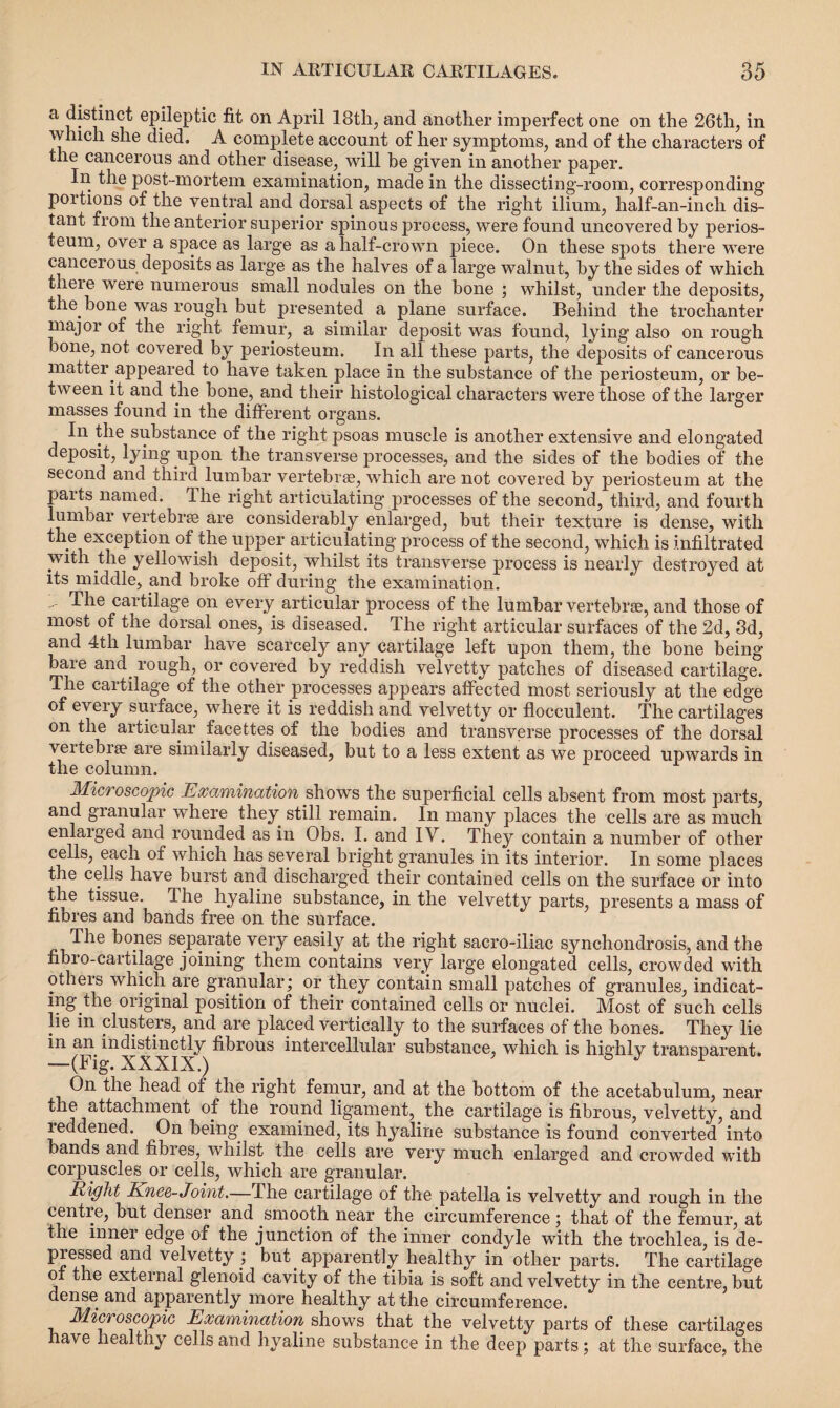 a distinct epileptic fit on April 18th, and another imperfect one on the 26th, in which she died. A complete account of her symptoms, and of the characters of the cancerous and other disease, will he given in another paper. In the post-mortem examination, made in the dissecting-room, corresponding poitions of the ventral and dorsal aspects of the right ilium, half-an-inch dis¬ tant from the anterior superior spinous process, were found uncovered by perios¬ teum, over a space as large as a half-crown piece. On these spots there were cancerous deposits as large as the halves of a large walnut, by the sides of which there were numerous small nodules on the bone ; whilst, under the deposits, the bone was rough but presented a plane surface. Behind the trochanter major of the right femur, a similar deposit was found, lying also on rough bone, not covered by periosteum. In all these parts, the deposits of cancerous matter appeared to have taken place in the substance of the periosteum, or be¬ tween it and the bone, and their histological characters were those of the larger masses found in the different organs. In the substance of the right psoas muscle is another extensive and elongated deposit, lying upon the transverse processes, and the sides of the bodies of the second and third lumbar vertebrae, which are not covered by periosteum at the parts named. 1 he right articulating processes of the second, third, and fourth lumbar vertebrae are considerably enlarged, but their texture is dense, with the exception of the upper articulating process of the second, which is infiltrated with the yellowish deposit, whilst its transverse process is nearly destroyed at its middle, and broke off during the examination. The cartilage on every articular process of the lumbar vertebrae, and those of most of the dorsal ones, is diseased. The right articular surfaces of the 2d, 3d, and 4tli lumbar have scarcely any cartilage left upon them, the bone being baie and rough, or covered by reddish velvetty patches of diseased cartilage. The cartilage of the other processes appears affected most seriously at the edge of every surface, where it is reddish and velvetty or flocculent. The cartilages on the articular facettes of the bodies and transverse processes of the dorsal veitebrse are similarly diseased, but to a less extent as we proceed upwards in the column. Microscopic Examination shows the superficial cells absent from most parts, and gianular where they still remain. In many places the cells are as much enlarged and. rounded as in Obs. I. and IV. They contain a number of other cells, each of which has several bright granules in its interior. In some places the cells have burst and discharged their contained cells on the surface or into the tissue. The hyaline substance, in the velvetty parts, presents a mass of fibres and bands free on the surface. The bones separate very easily at the right sacro-iliac synchondrosis, and the fibio-caitilage joining them contains very large elongated cells, crowded with otheis which are granular; or they contain small patches of granules, indicat¬ ing.the original position of their contained cells or nuclei. Most of such cells lie m clusters, and are placed vertically to the surfaces of the bones. They lie in an indistinctly fibrous intercellular substance, which is highly transparent. •—(Fig. XXXIX.) On the head of the right femur, and at the bottom of the acetabulum, near the attachment of the round ligament, the cartilage is fibrous, velvetty, and reddened. On being examined, its hyaline substance is found converted into bands and fibres, whilst the cells are very much enlarged and crowded with corpuscles or cells, which are granular. Right Knee-Joint.—The cartilage of the patella is velvetty and rough in the centre, but denser and smooth near the circumference; that of the femur, at the inner edge of the junction of the inner condyle with the trochlea, is de¬ pressed and velvetty ; but. apparently healthy in other parts. The cartilage ot the external glenoid cavity of the tibia is soft and velvetty in the centre, but dense and apparently more healthy at the circumference. Microscopic Examination shows that the velvetty parts of these cartilages have healthy cells and hyaline substance in the deep parts; at the surface, the