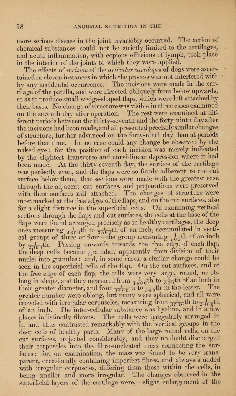 more serious disease in the joint invariably occurred. The action of chemical substances could not be strictly limited to the cartilages, and acute inflammation, with copious effusions of lymph, took place in the interior of the joints to which they were applied. The effects of incision of the articular cartilages of dogs were ascer¬ tained in eleven instances in which the process was not interfered with by any accidental occurrence. The incisions were made in the car¬ tilage of the patella, and were directed obliquely from below upwards, so as to produce small wedge-shaped flaps, which were left attached by their bases. No change of structure was visible in three cases examined on the seventh day after operation. The rest were examined at dif¬ ferent periods between the thirty-seventh and the forty-ninth day after the incisions had been made, and all presented precisely similar changes of structure, further advanced on the forty-ninth day than at periods before that time. In no case could any change be observed by the naked eye; for the position of each incision was merely indicated by the slightest transverse and curvi-linear depression where it had been made. At the thirty-seventh day, the surface of the cartilage was perfectly even, and the flaps were so firmly adherent to the cut surface below them, that sections were made with the greatest ease through the adjacent cut surfaces, and preparations were preserved with these surfaces still attached. The changes of structure were most marked at the free edges of the flaps, and on the cut surfaces, also for a slight distance in the superficial cells. On examining vertical sections through the flaps and cut surfaces, the cells at the base of the flaps were found arranged precisely as in healthy cartilages, the deep ones measuring Qyyyth to of an inch, accumulated in verti¬ cal groups of three or four—the group measuring yJoth of an inch by 2 oVoth. Passing onwards towards the free edge of each flap, the deep cells became granular, apparently from division of their nuclei into granules; and, in some cases,-a similar change could be seen in the superficial cells of the flap. On the cut surfaces, and at the free edge of each flap, the cells were very large, round, or ob¬ long in shape, and they measured from yyooflh an ’mc^ their greater diameter, and from yyooth to yyytli in the lesser. The greater number were oblong, but many were spherical, and all were crowded with irregular corpuscles, measuring from yyyyth t0 __I___th of an inch. The inter-cellular substance was hyaline, and in a few places indistinctly fibrous. The cells were irregularly arranged in it, and thus contrasted remarkably with the vertical groups in the deep cells of healthy parts. Many of the large round cells, on the cut surfaces, projected considerably, and they no doubt discharged their corpuscles into the fibro-nucleated mass connecting the sur¬ faces ; for, on examination, the mass was found to be very trans¬ parent, occasionally containing imperfect fibres, and always studded with irregular corpuscles, differing from those within the cells, in being smaller and more irregular. The changes observed in the superficial layers of the cartilage were,—slight enlargement of the