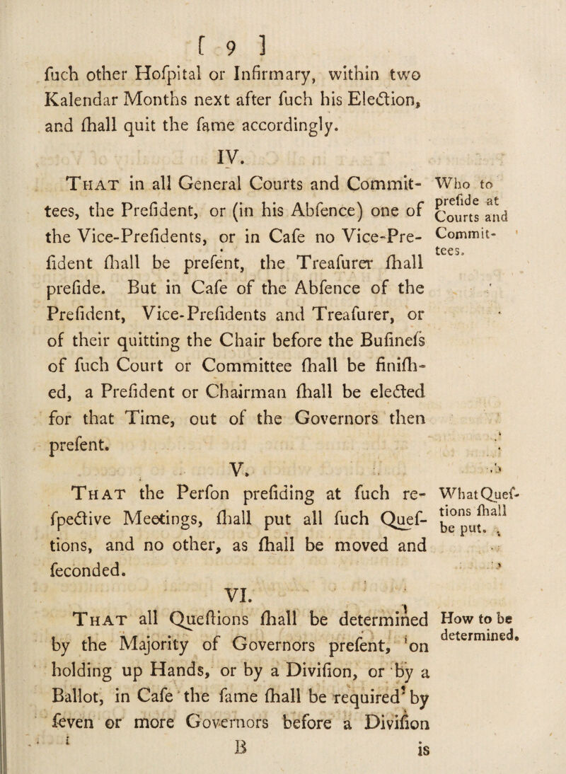 fuch other Hofpital or Infirmary, within two Kalendar Months next after fuch his Election, and fhall quit the fame accordingly. IV. That in all General Courts and Commit- Who to tees, the Prefident, or (in his Abfence) one of the Vice-Prefidents, or in Cafe no Vice-Pre- Commit- * tecsa fident fhall be prefent, the Treafurer fhall prefide. But in Cafe of the Abfence of the Prefident, Vice-Prefidents and Treafurer, or of their quitting the Chair before the Bufinefs of fuch Court or Committee fhall be finifh- ed, a Prefident or Chairman fhall be elected for that Time, out of the Governors then i V* That the Perfon prefiding at fuch re- WhatQuef- fpedtive Meetings, fhall put all fuch Quef- be ^ tions, and no other, as fhall be moved and feconded. VI. That all Queftions fhall be determined How to be by the Majority of Governors prefent, !on ^tterm*nec^ holding up Hands, or by a Divifion, or by a Ballot, in Cafe the fame fhall be required' by feven or more Governors before a Divifion 1 B is