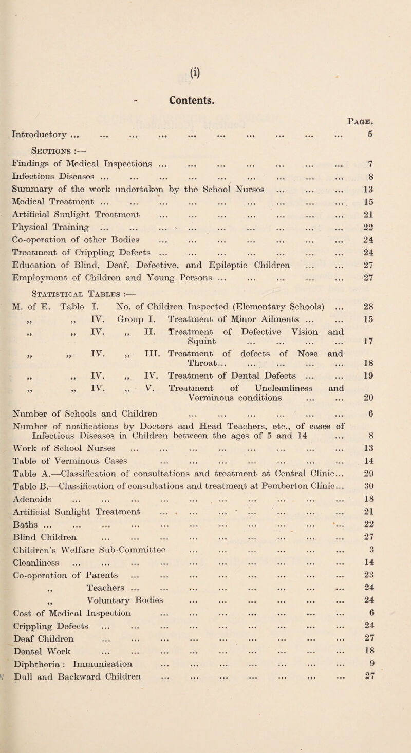 Contents. Introductory ... •*« ... *»« ... ••• Sections :— Findings of Medical Inspections ... Infectious Diseases ... ... ... ... ... ... Summary of the work undertaken by the School Nurses Medical Treatment ... Artificial Sunlight Treatment Physical Training ... ... ... ^ Co-operation of other Bodies Treatment of Crippling Defects ... Education of Blind, Deaf, Defective, and Epileptic Children Employment of Children and Young Persons ... Statistical Tables :—- M. of E. Table I. No. of Children Inspected (Elementary Schools) ,, ,, IV. Group I. Treatment of Minor Ailments ... ,, ,, IV. ,, II. Treatment of Defective Vision and Squint „ „ IV. „ III. Treatment of defects of Nose and Throat... ,, ,, IV. ,, IV. Treatment of Dental Defects ... ,, ,, IV. ,, V. Treatment of Uncleanliness and Verminous conditions Number of Schools and Children Number of notifications by Doctors and Head Teachers, etc., of cases of Infectious Diseases in Children between the ages of 5 and 14 Work of School Nurses Table of Verminous Cases Table A.—Classification of consultations and treatment at Central Clinic... Table B.—Classification of consultations and treatment at Pemberton Clinic... Adenoids Artificial Sunlight Treatment ... , Baths ... Blind Children Children’s Welfare Sub-Committee Cleanliness Co-operation of Parents ,, Teachers ... „ Voluntary Bodies Cost of Medical Inspection Crippling Defects Deaf Children Dental Work Diphtheria : Immunisation <1 Dull and Backward Children Page. 5 7 8 13 15 21 22 24 24 27 27 28 15 17 18 19 20 6 8 13 14 29 30 18 21 22 27 3 14 23 24 24 6 24 27 18 9 27