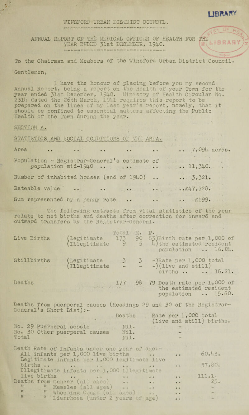 UBRA^ WII'TSPOPJJ URBAIT DIS-PRICT COUITCIL. ^ '■i' ' -—* ANI^IUAL RLPORT OP TPIlI LIUDICAL CPPICRR OP FPALTH FOR THP YEAR EirLED 31st EECEIIBER, 1940. To the Chairman and Members of the Winsford Urban District Council Gentlemen, I have the honour of placing before you my second Annual Report, being a report on the Health of your Town for the year ended 31st December, 1940. Ministry of Health Circular Ho. 2314 dated the 26th March, 1941 req.uireG this report to be prepared on the lines of my last yearns report, ncmely, that it should be confined to essential matters affecting the Public Health of the Tovm during the year. SECTION A. STATISTICS AND SOCIAL CONDITIONS OF TlfE AREA. . Area .. . . .. .. .. .. 7^094 acres. Population - Registrai^-General ’ s estimate of .. ,• population mid~1940 ... . .. ..11,340. Number of inhabited houses (end of 1940) .. .. 3>321* Rateable value .. .. , ..£47j728. Sum represented by a penny rate .. .. .. £199. ■ The following extracts from vital statistics of the year relate to net births and deaths after correction for inward and outward transfers by the Registrar-General. Total M. P. Live Births *’ (Legitimate 173 90 )Birth rate per 1,000 of (Illegitimate 9 5 4: )the estimated resident population .. I6.C4. Stillbirths (Legitimate 3 3 )Rate per 1,000 total (Illegitimate i )(live and still) births .. ..,16.21. Deaths 177 98 79 Death rate per 1,000 of the estimated resident population .. 15.80. Deaths from puerperal causes (headings 29 and 30 of the Registrar- General’s Short List):- Deaths . Rate per 1 ,-000 total (live and still) births. No. 29 Puerperal sepsis Nil. - No. 30 Other puerperal causes Nil. Total Nil. Death Rate of Infants under one year of age:- All infants per 1,000 live births Legitimate infants per 1,000 legitimate live births .. Illegitimate infants per 1,000 illegitimate live births Deaths from Cancer (all ages) ” ” Measles (all ages) ,. ” _ ” Whooping Cough (all ages) ” ‘ ” Diarrhoea (under 2 years ct age) 60.43. 57.SO. 111.1. 25.