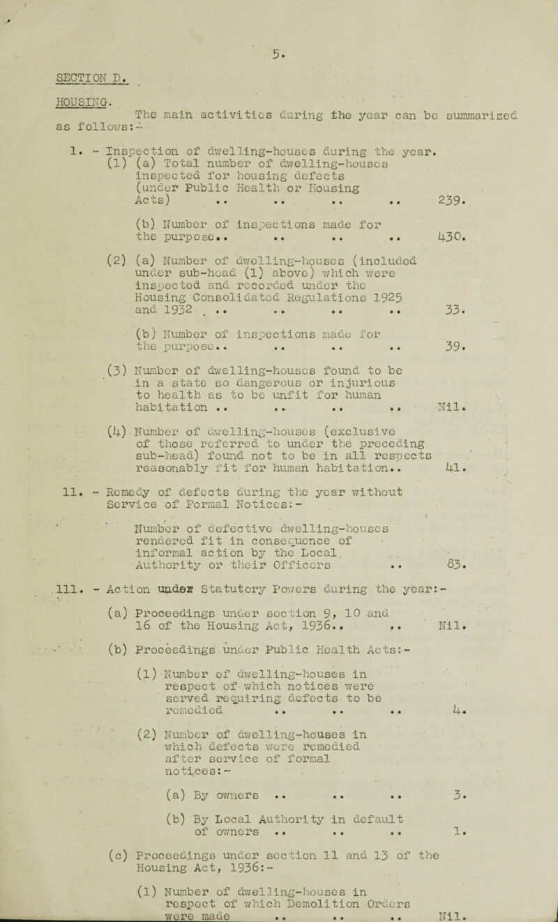 SECTION D, HOUSING. • The main activities during the year can be summarised as follows:- 1. - Inspection of dwelling-houses during the year. (1) (a) Total number of dwelling-houses inspected for housing defects (under Public Health or Housing Ac cs) •• •* •. •• 239* (b) Number of inspections made for the purpose.. •• .. .. 430. (2) (a) Number of dwelling-houses (included under sub-head (l) above) which were inspected and recorded under the Housing Consolidated Regulations 1925 and 1932 .. .. .. .. 33. (b) Number of inspections made for the purpose.. .. .. .. 39* (3) Number of dwelling-houses found to be in a state so dangerous or injurious to health as to be unfit for human habitation .. .. •• .. • Nil. (4) Number of dwelling-houses (exclusive of those referred to under the preceding sub-head) found not to be in all respects reasonably fit for human habitation.. 41. 11. - Remedy of defects during the year without Service of Formal Notices:- ; . i A • . 9 . ' Number of defective dwelling-houses rendered fit in consecuence of informal action by the Local Authority or their Officers •• 83* 111. - Action under Statutory Powers during the year:- % (a) Proceedings under section 9, 10 and 16 of the Housing Act, 1936.. .. Nil. '■ • ; (b) Proceedings under Public Health Acts:- (1) Number of dwelling-houses in respect of which notices were served requiring defects to be remedied .. .. •. 4. (2) Number of dwelling-houses in which defects wore remedied after service of formal notices:- (a) By owners .. .. .. 3« (b) By Local Authority in default of owners .. .. .. 1. (c) Proceedings under section 11 and 13 of the Housing Act, 1936:- (l) Number of dwelling-houses in respect of which Demolition Orders __were made .. •• •• Nil.