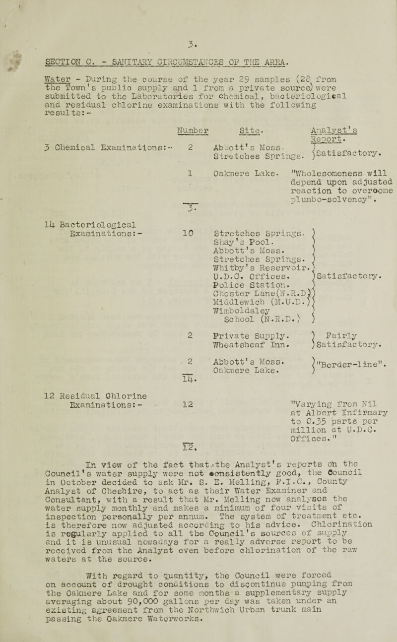 J > 3. SECTION C. - SANITARY CIRCUMSTANCES OF THE AREA. Water - During the course of the year 29 samples (28 from the Town's publio supply and 1 from a private source) were submitted to the Laboratories for chemical, bacteriological and residual chlorine examinations with the following results:- Number Site. —. .mmrmmm.1 ■■ ■ i m i < 3 Chemical Examinations:- 2 Abbott’s Moss- Stretches Springs. Analyst’s Report. ^Satisfactory. 1 Oakmere Lake- Wholesoneness will depend upon adjusted reaction to overoome _ piumbo-solvency”. 3- 14 Bacteriological Examinations:- 12 Residual Chlorine Examinations:- 10 Stretches Springs- ) Shay’s Pool. ) Abbott’s Moss. J Stretches Springs. ) Whitby's Reservoir.J U.D.C. Offices. ^Satisfactory. Police Station. ) Chester Lane(N.R.D)j Middlewich (M.U.D.)) Wimboldsley ) School (N.R.D.) ) 2 Private Supply. ) Fairly Wheatsheaf Inn. ;Satisfactory. 2 Abbott's Moss. ) Border-line. _ Oakmere Lake. ) 14. 12 Varying from Nil at Albert Infirmary to 0.33 parts per million at U.D.C. _ Offices.” 12. In view of the fact that.*the Analyst’s reports 0Y1 the Council’s v/ater supply were not «onsistently good, the Council in October decided to ask Mr. S. E. Helling, F.I.C., County Analyst of Cheshire, to act as their Water Examiner and Consultant, with a result that Mr. Melling now analyses the v/ater supply monthly and makes a minimum of four visits of inspection personally per annum. The system of treatment etc. is therefore now adjusted according to his advice. Chlorination is regularly applied to all the Council's sources of supply and it is unusual nowadays for a really adverse report to be received from the Analyst even before chlorination of the raw waters at the source. With regard to quantity, the Council were forced on account of drought conditions to discontinue pumping from the Oakmere Lake and for some months a supplementary supply averaging about 90,000 gallons per day was taken under an existing agreement from the Northwich Urban trunk main passing the Oakmere Waterworks.