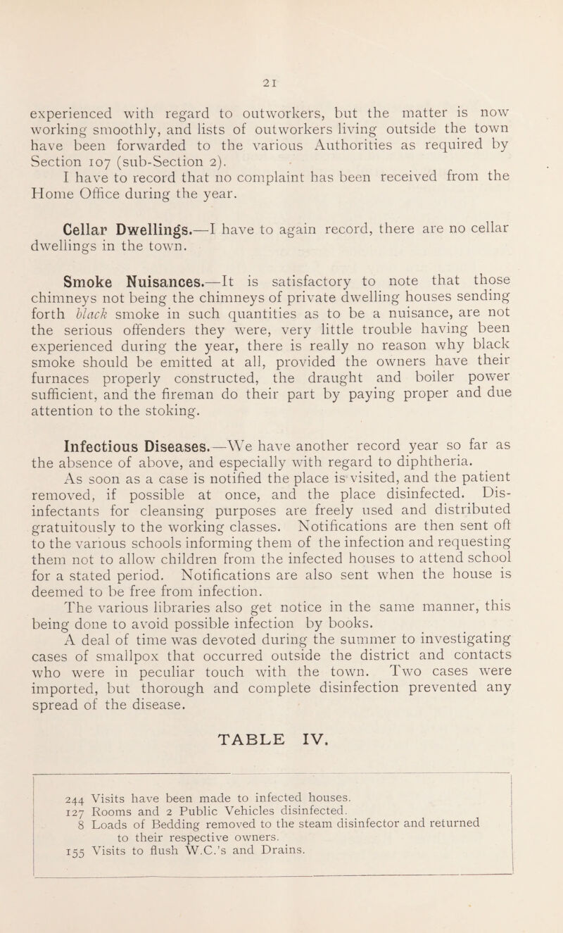 experienced with regard to outworkers, but the matter is now working smoothly, and lists of outworkers living outside the town have been forwarded to the various Authorities as required by Section 107 (sub-Section 2). I have to record that no complaint has been received from the Home Office during the year. Cellar Dwellings.—I have to again record, there are no cellar dwellings in the town. Smoke Nuisances.—It is satisfactory to note that those chimneys not being the chimneys of private dwelling houses sending forth black smoke in such quantities as to be a nuisance, are not the serious offenders they were, very little trouble having been experienced during the year, there is really no reason why black smoke should be emitted at all, provided the owners have their furnaces properly constructed, the draught and boiler power sufficient, and the fireman do their part by paying proper and due attention to the stoking. Infectious Diseases.—We have another record year so far as the absence of above, and especially with regard to diphtheria. As soon as a case is notified the place is visited, and the patient removed, if possible at once, and the place disinfected. Dis¬ infectants for cleansing purposes are freely used and distributed gratuitously to the working classes. Notifications are then sent off to the various schools informing them of the infection and requesting them not to allow children from the infected houses to attend school for a stated period. Notifications are also sent when the house is deemed to be free from infection. The various libraries also get notice in the same manner, this being done to avoid possible infection by books. A deal of time was devoted during the summer to investigating cases of smallpox that occurred outside the district and contacts who were in peculiar touch with the town. Two cases were imported, but thorough and complete disinfection prevented any spread of the disease. TABLE IV. 244 Visits have been made to infected houses. 127 Rooms and 2 Public Vehicles disinfected. 8 Loads of Bedding removed to the steam disinfector and returned to their respective owners. 155 Visits to flush W.C.’s and Drains.