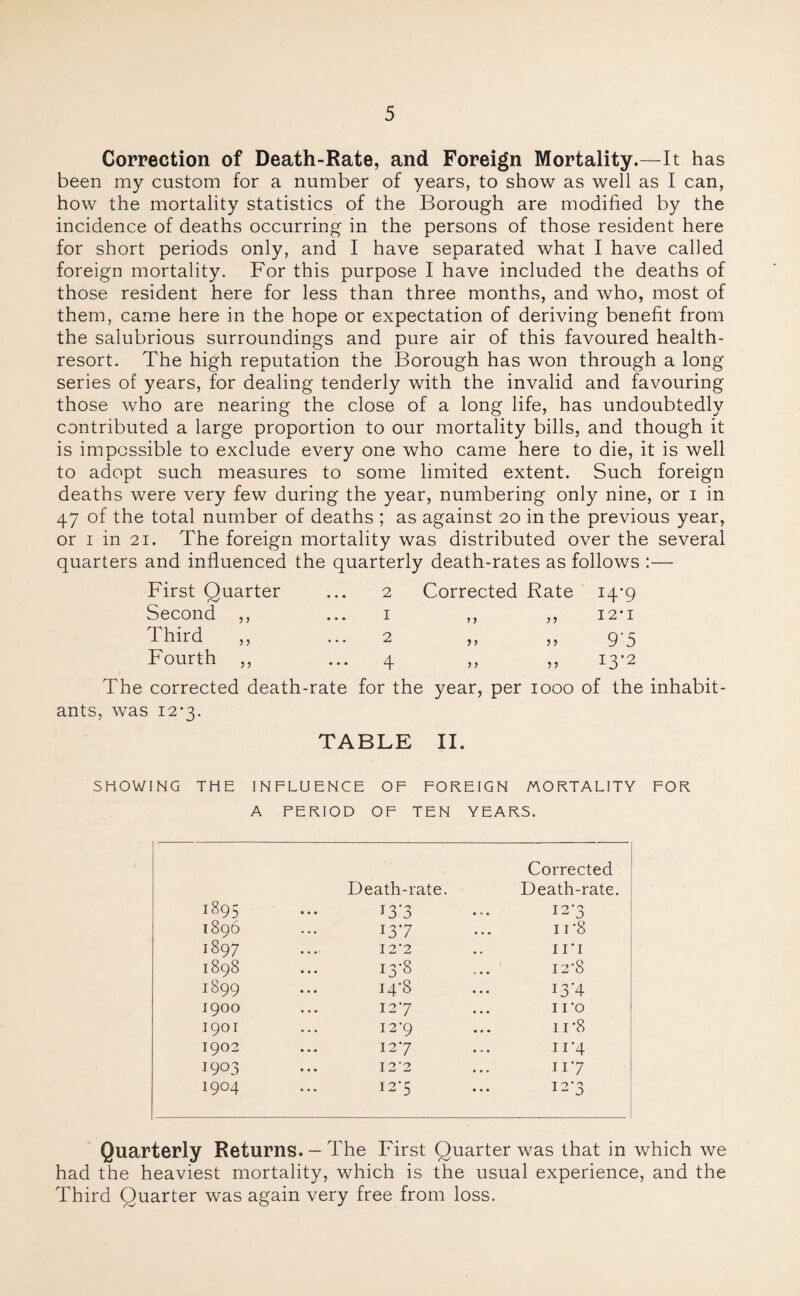 Correction of Death-Rate, and Foreign Mortality.—It has been my custom for a number of years, to show as well as I can, how the mortality statistics of the Borough are modified by the incidence of deaths occurring in the persons of those resident here for short periods only, and I have separated what I have called foreign mortality. For this purpose I have included the deaths of those resident here for less than three months, and who, most of them, came here in the hope or expectation of deriving benefit from the salubrious surroundings and pure air of this favoured health- resort. The high reputation the Borough has won through a long series of years, for dealing tenderly with the invalid and favouring those who are nearing the close of a long life, has undoubtedly contributed a large proportion to our mortality bills, and though it is impossible to exclude every one who came here to die, it is well to adopt such measures to some limited extent. Such foreign deaths were very few during the year, numbering only nine, or i in 47 of the total number of deaths ; as against 20 in the previous year, or 1 in 21. The foreign mortality was distributed over the several quarters and influenced the quarterly death-rates as follows :— First Quarter ... 2 Corrected Rate Second ,, ... 1 Third ,, ... 2 Fourth ,, ... 4 The corrected death-rate for the year, per 1000 of the inhabit¬ ants, was 12*3. TABLE II. > 1 > > 5 > 14-9 12*1 9‘5 13*2 SHOWING THE INFLUENCE OF FOREIGN MORTALITY FOR A PERIOD OF TEN YEARS. Death-rate. Corrected Death-rate. 1895 T3'3 127 1896 137 ir8 1897 12‘2 iri 1898 I3-8 12-8 1899 ... i4‘8 13-4 1900 127 II'O 1901 I2'9 11'8 1902 ... 127 n*4 1903 ... I 2'2 117 1904 I2’5 127 Quarterly Returns. —The First Quarter was that in which we had the heaviest mortality, which is the usual experience, and the Third Quarter was again very free from loss.