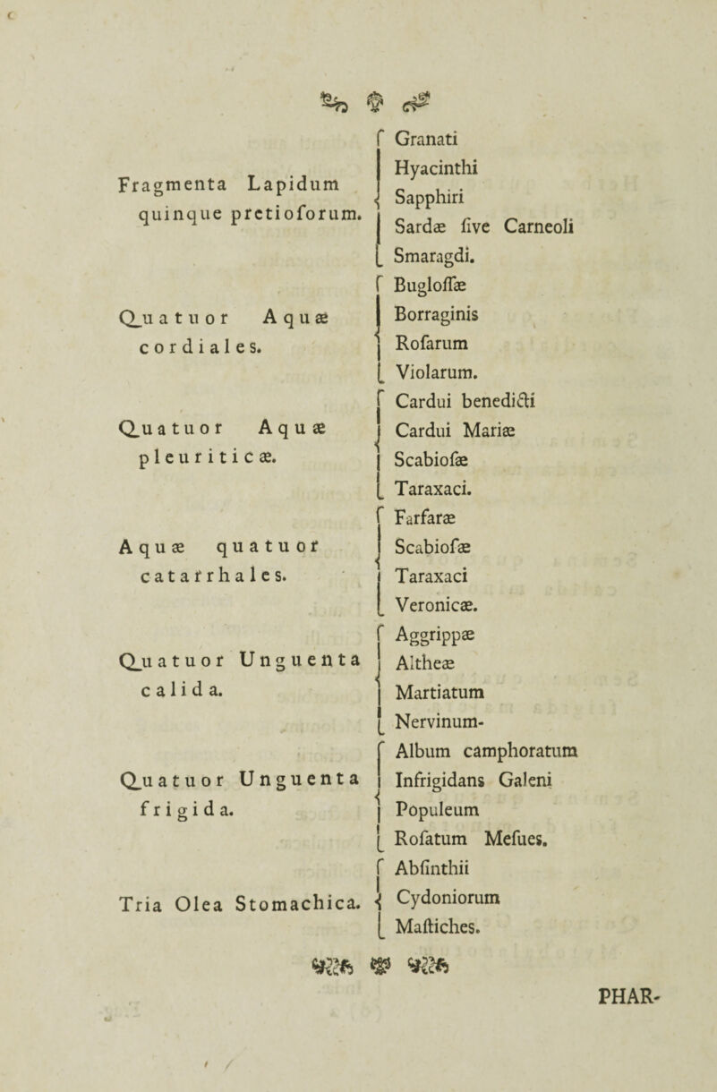 Fragmenta Lapidum quinque prctioforum. CLu atuor Aqu$ c o r d i a 1 e s* Q.u atuor Aquae pleuriticae. Aquae quatuof catarr hales. Qja atuor Unguenta calida. Q^u atuor Unguenta frigida. O Tria Olea Stomachica. Granati Hyacinthi Sapphiri Sardae live Carneoli [ Smaragdi. Bugloflae Borraginis Rofarum Violarum, f Cardui benedi&i i I Cardui Mariae Scabiofae Taraxaci. Farfarae Scabiofae Taraxaci Veronicae. w f Aggripps Altheae Martiatum L Nervinum- Album camphoratum Infrigidans Galeni j Populeum Rofatum Mefues. f Abfinthii ^ Cydoniorum {_ Maftiches.
